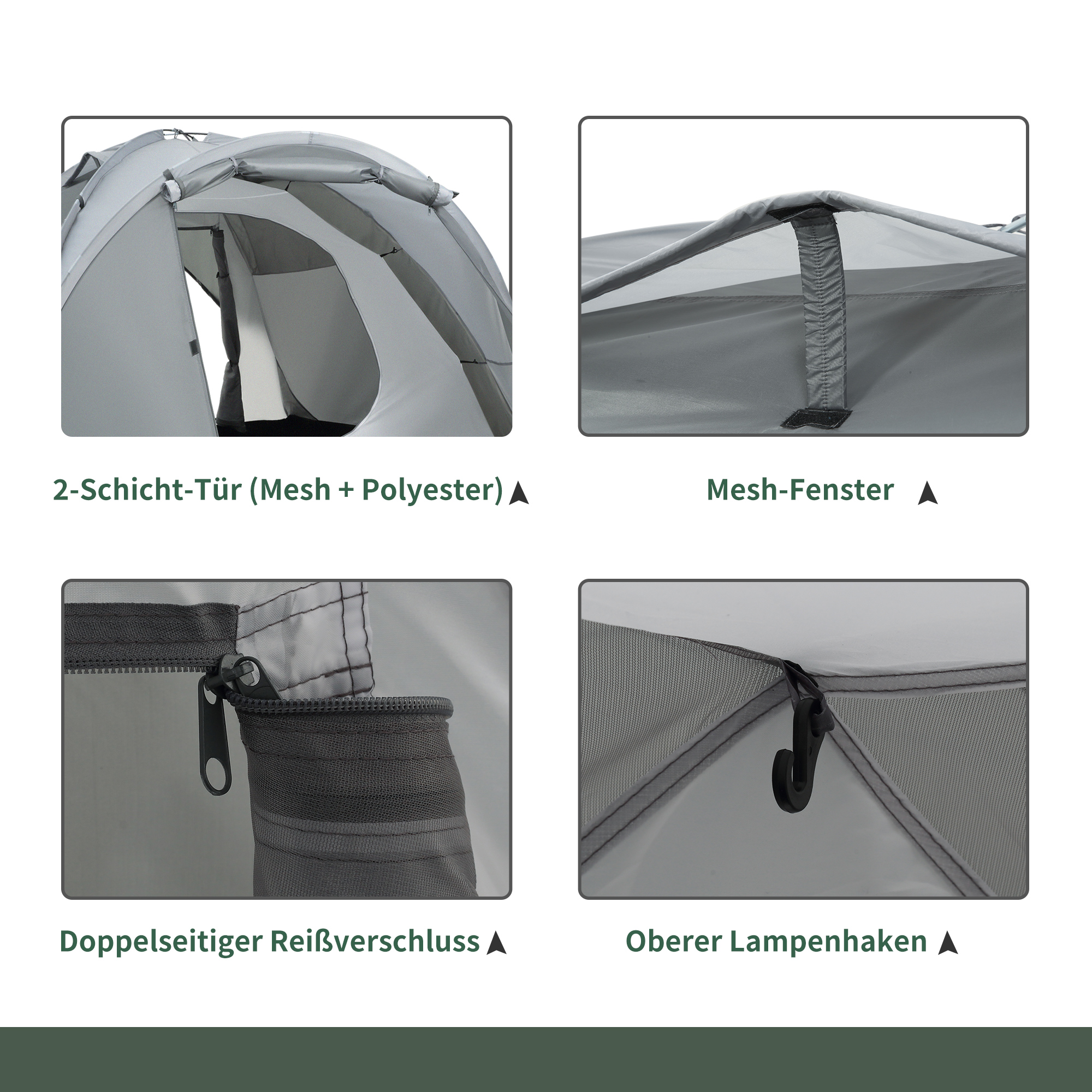 Bilder von Merkmalen eines grauen Zeltes: Türen, Fenster, Reißverschlüsse und Haken.