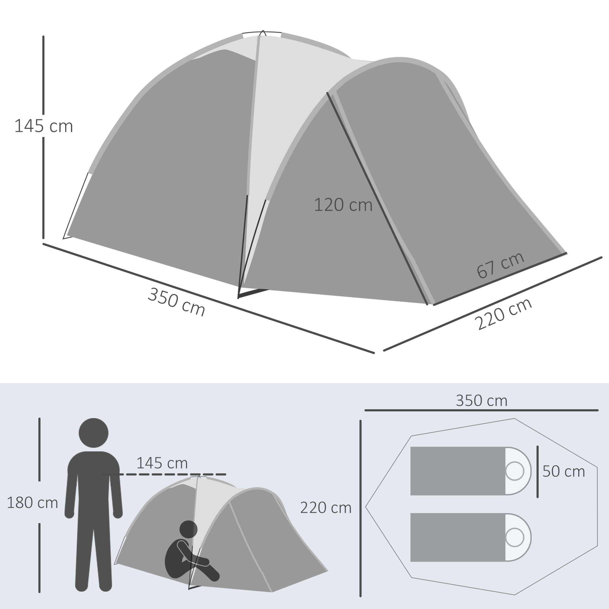 Diagramm eines grauen Zeltes mit Abmessungen und eine Person im Inneren.