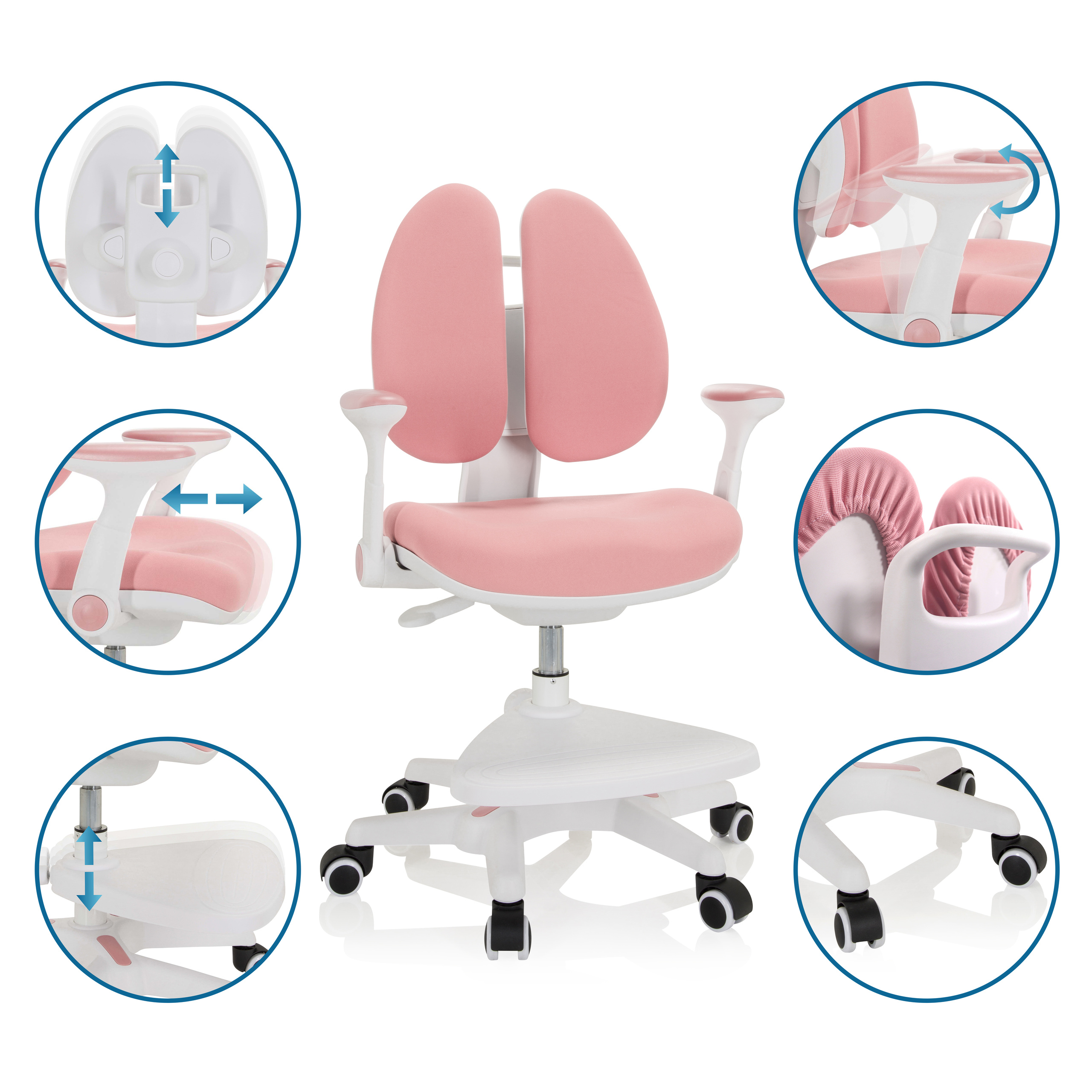 Diagramm des rosa-weißen ergonomischen Stuhls mit Pfeilen, die verstellbare Funktionen zeigen.