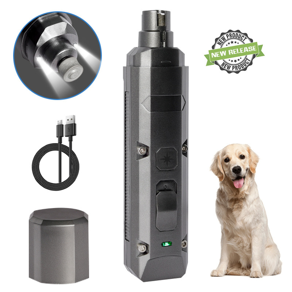 Tiernagelschleifer mit Hund und Kabel.