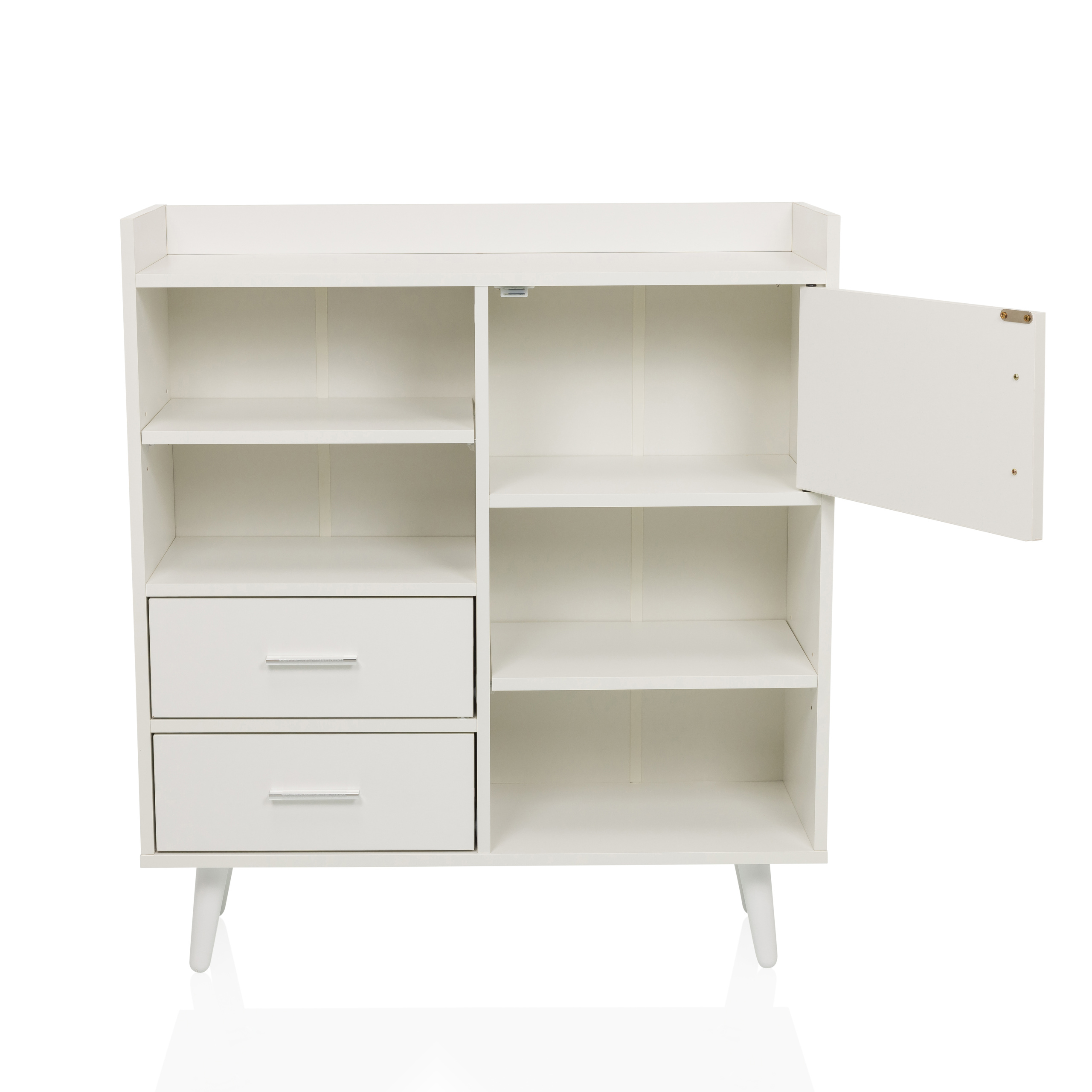 Weißer Schrank mit zwei Schubladen, Regalen und offener Tür. Die Tür befindet sich auf der rechten Seite und zeigt Innenregale.