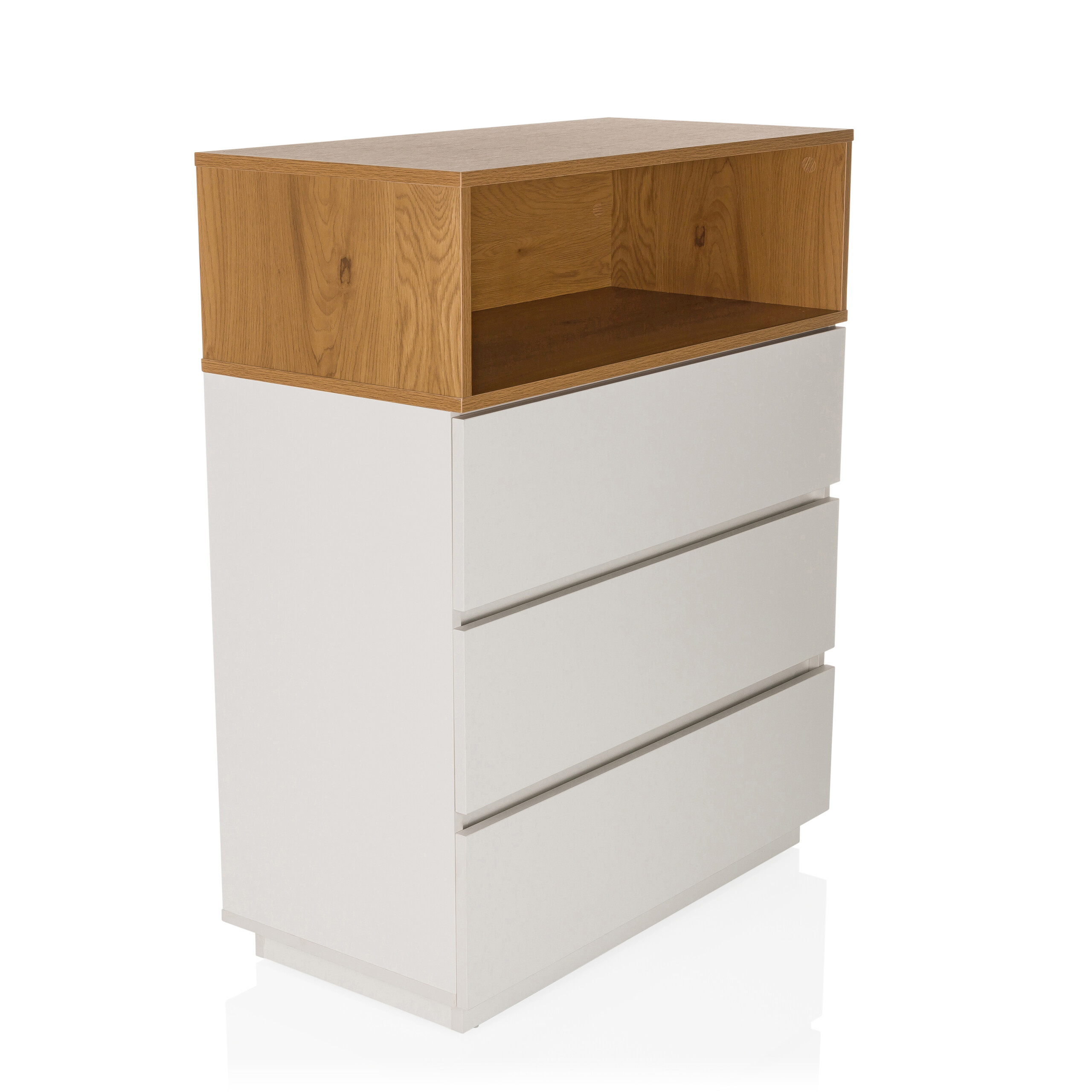 Weißer Schrank mit drei Schubladen und einer Holzplatte. Die Platte ist eine rechteckige Kastenform. Die Schubladen haben silberne Griffe.