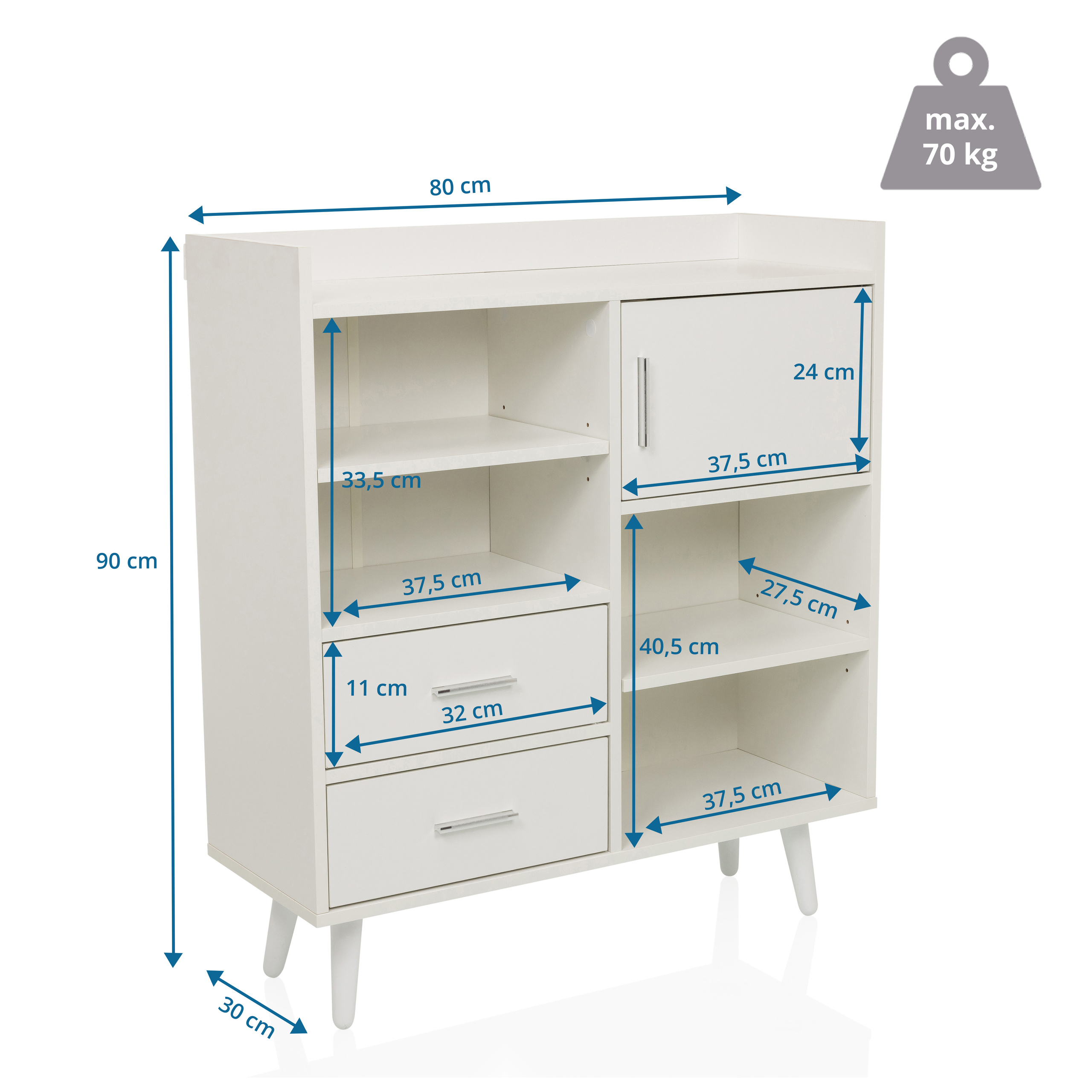 Weißer Schrank mit Schubladen und Tür. Maße sind angegeben.