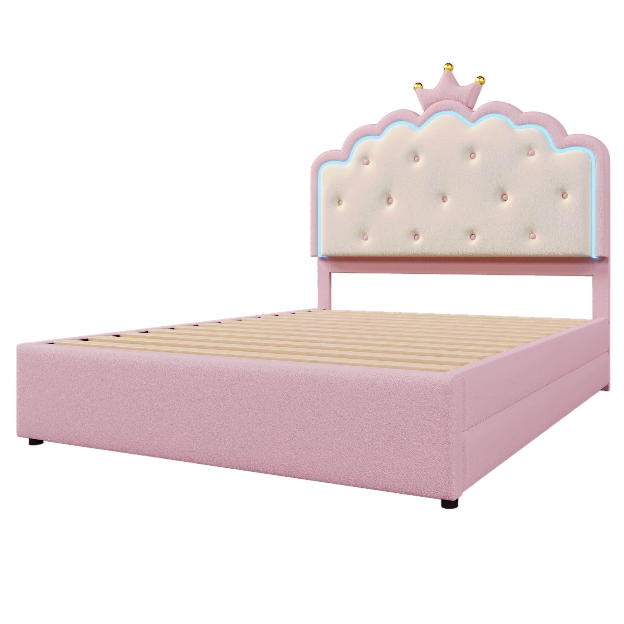 Rosa Bett mit kronenförmigem Kopfteil. Modernes Design.