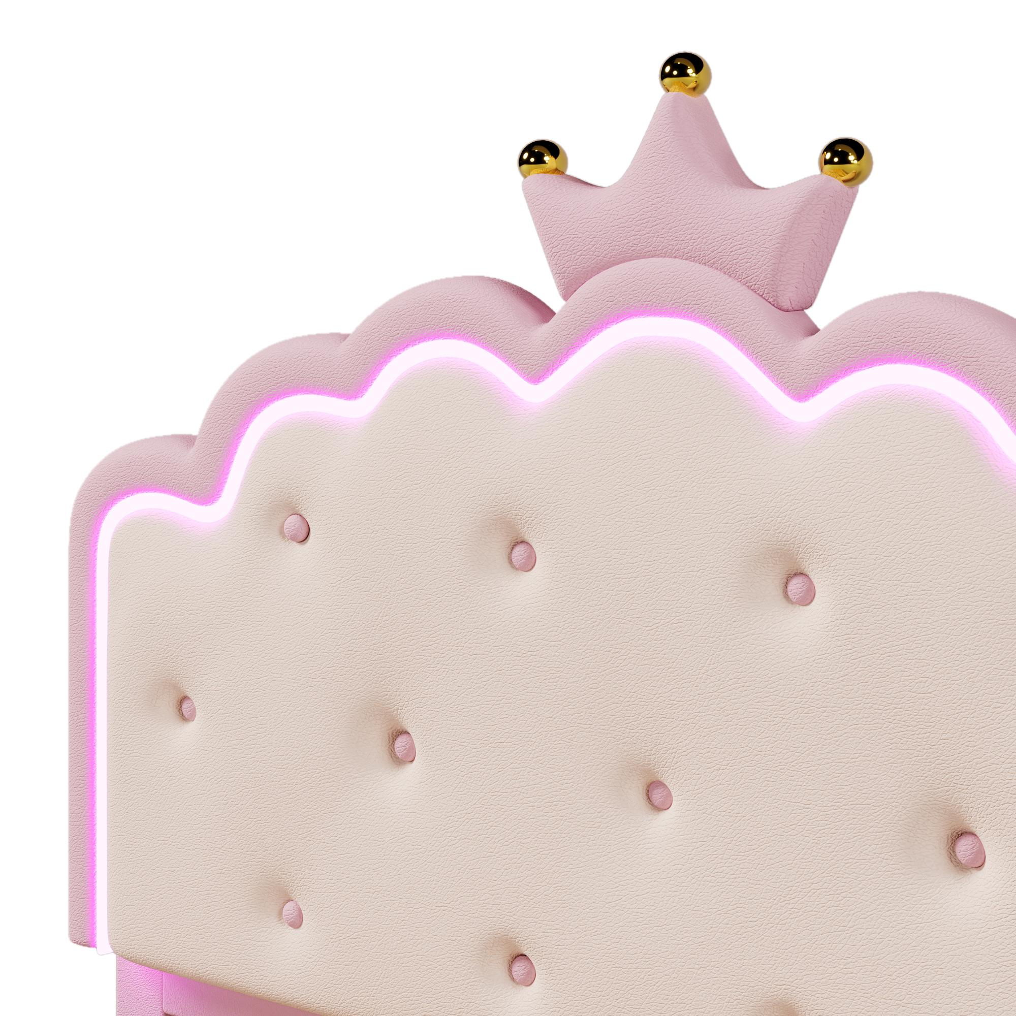 Rosa Bettkopfteil mit Kronen-Design und rosa Beleuchtung. Das Kopfteil hat ein Knopf-Tufting-Design mit goldenen Akzenten.