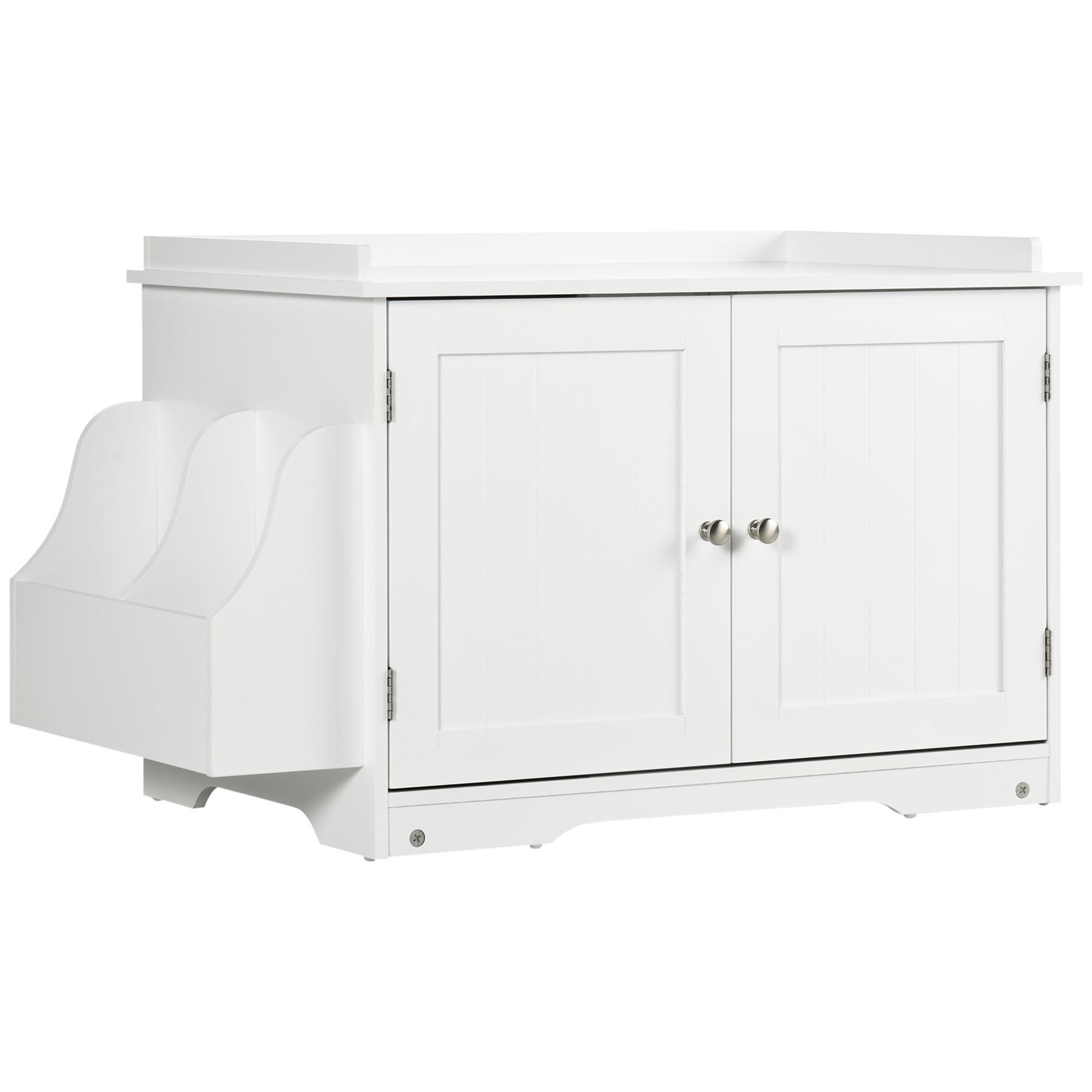 Weißer Schrank mit Türen und einem Aufbewahrungsbehälter an der Seite. Der Schrank hat ein schlichtes, modernes Design.