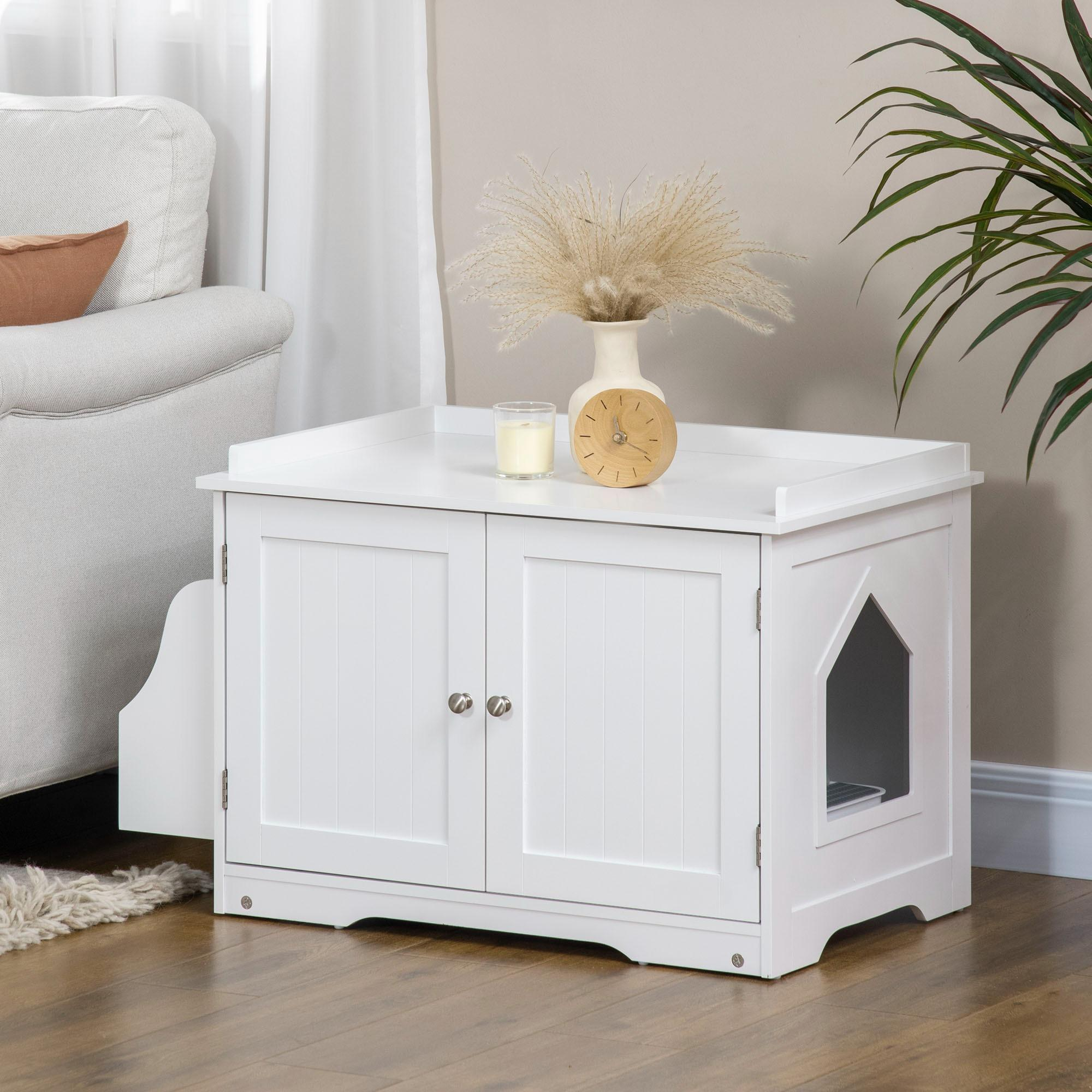 Weißer Katzentoilettenschrank mit zwei Türen und einem Ausschnitt.