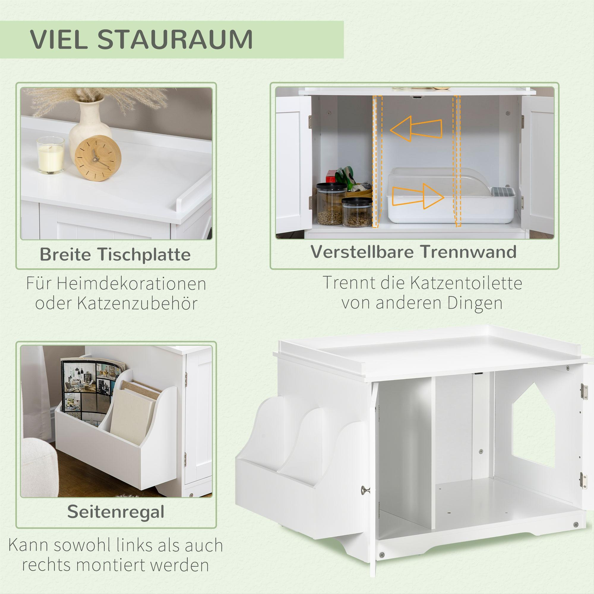 Weißes Katzenmöbel mit mehreren Fächern und einer Katze.