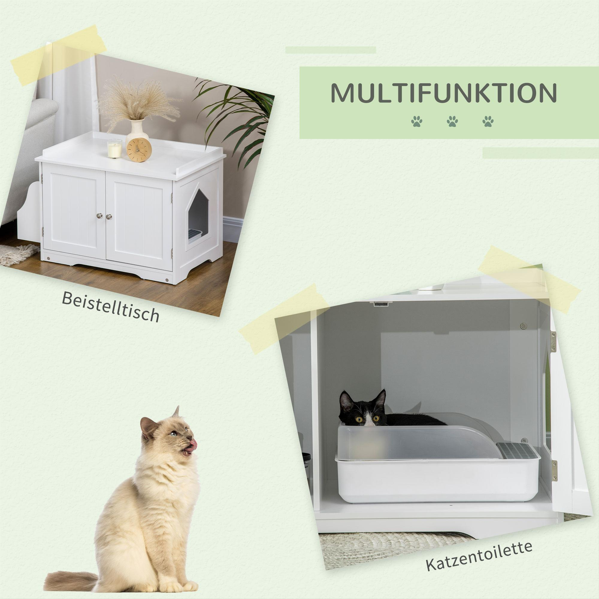 Weißes Katzenmöbel mit Katze drinnen und Katze draußen.