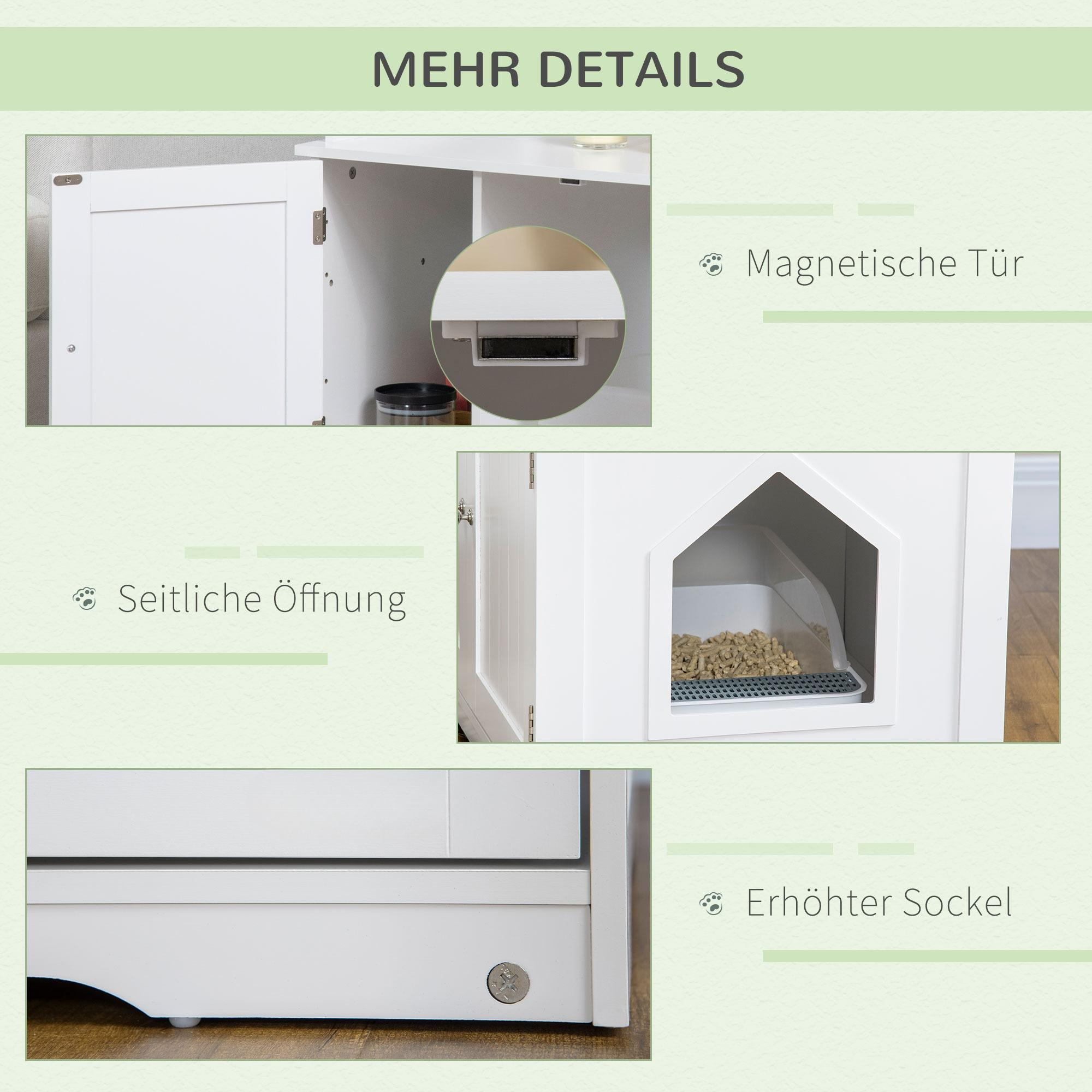 Nahaufnahme Details des weißen Katzentoilettenschranks: Tür, Öffnung, Sockel.