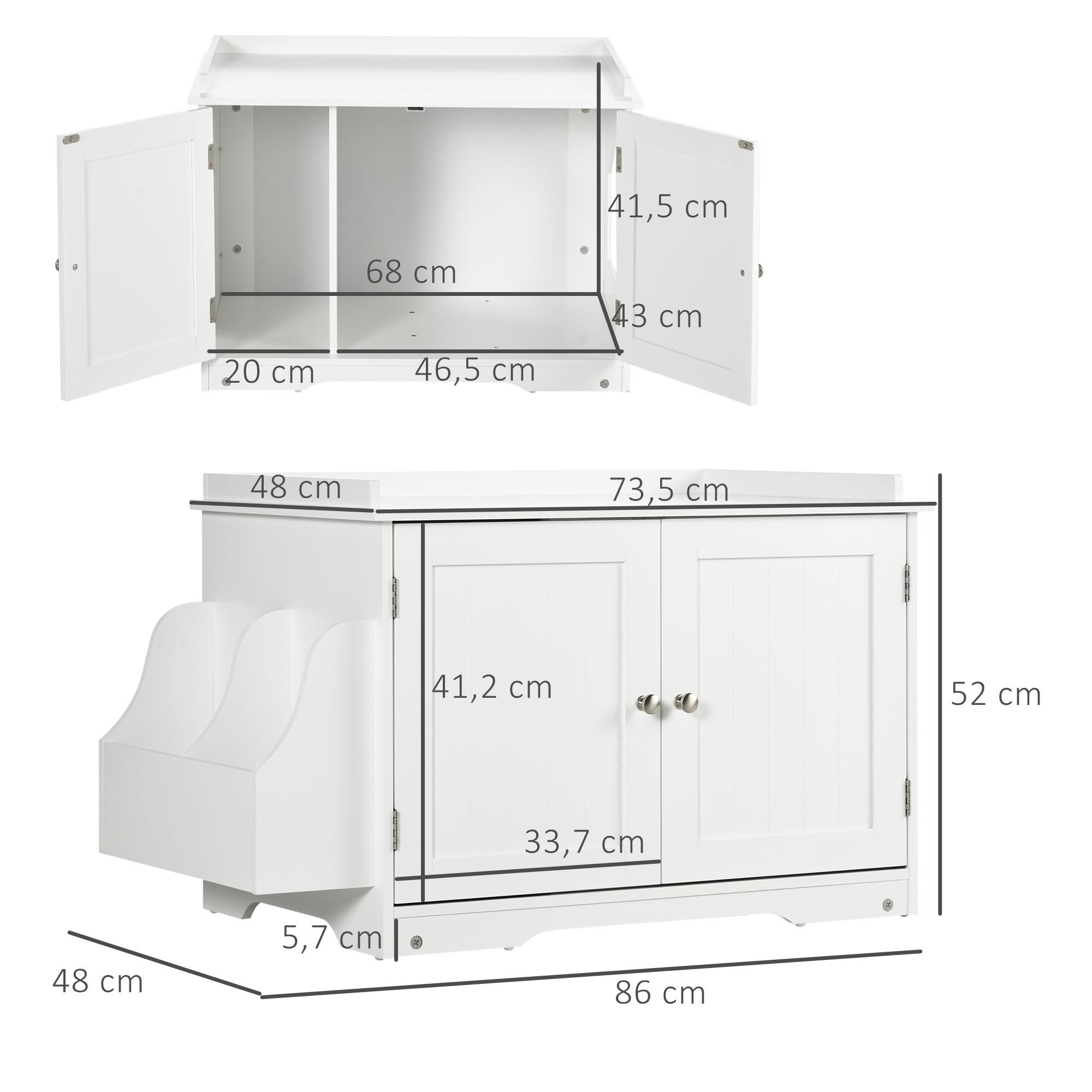 Diagramm eines weißen Katzentoilettenschranks mit Abmessungen.