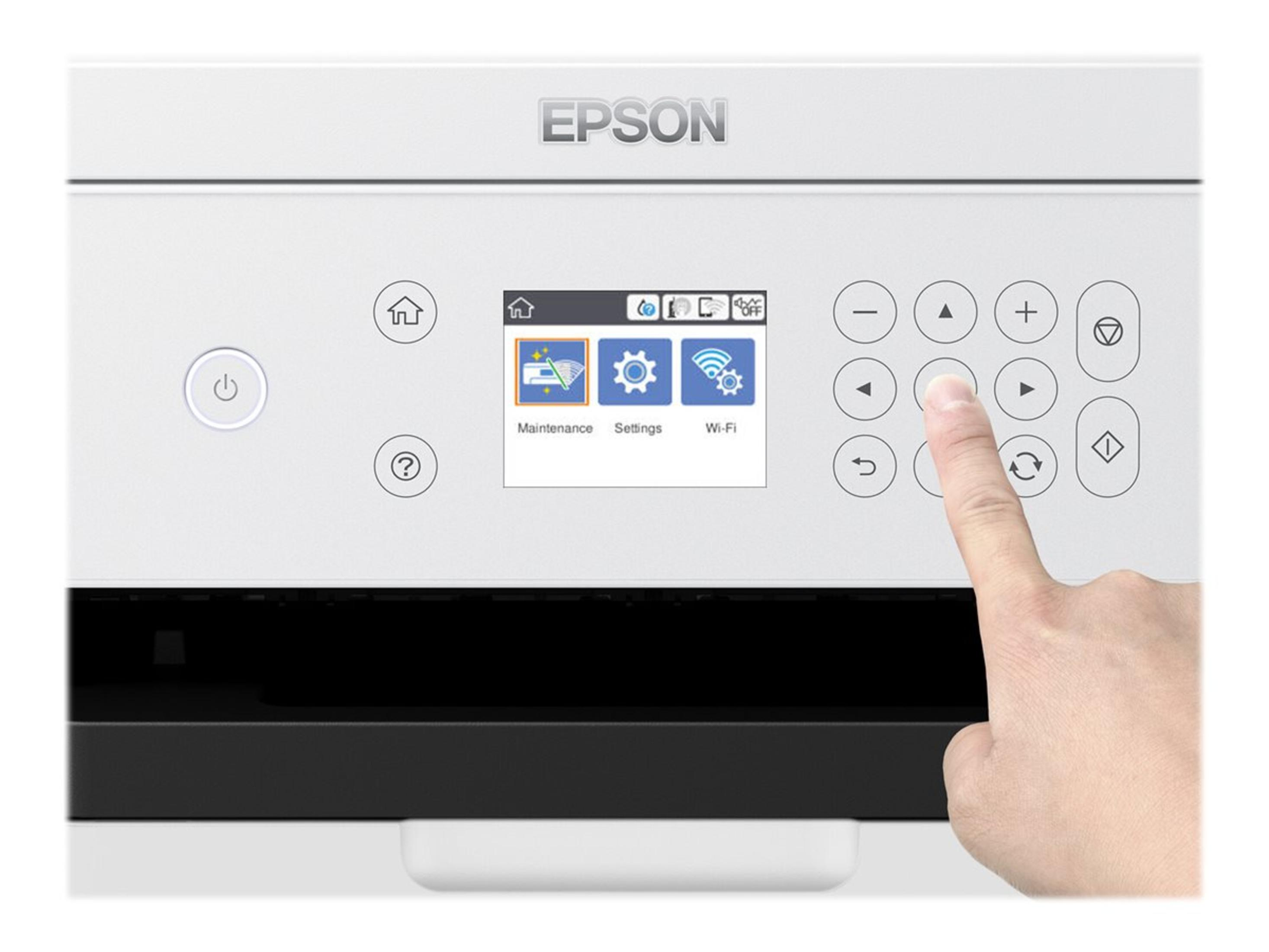 Biała drukarka z ekranem dotykowym pokazującym ustawienia. Palec dotyka ekranu.