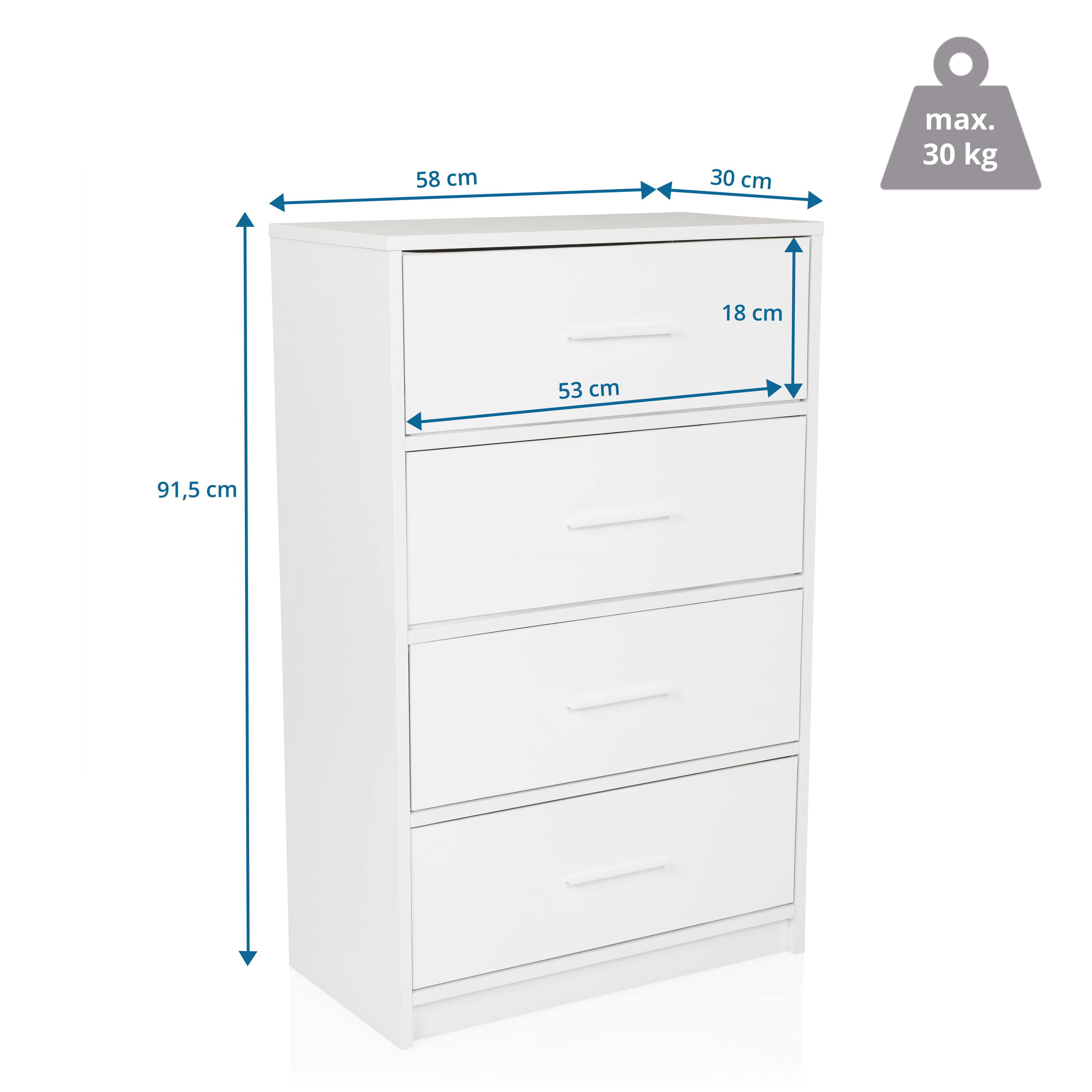 Weißer Schrank mit vier Schubladen. Abmessungen: 91,5 cm Höhe, 58 cm Breite, 30 cm Tiefe.