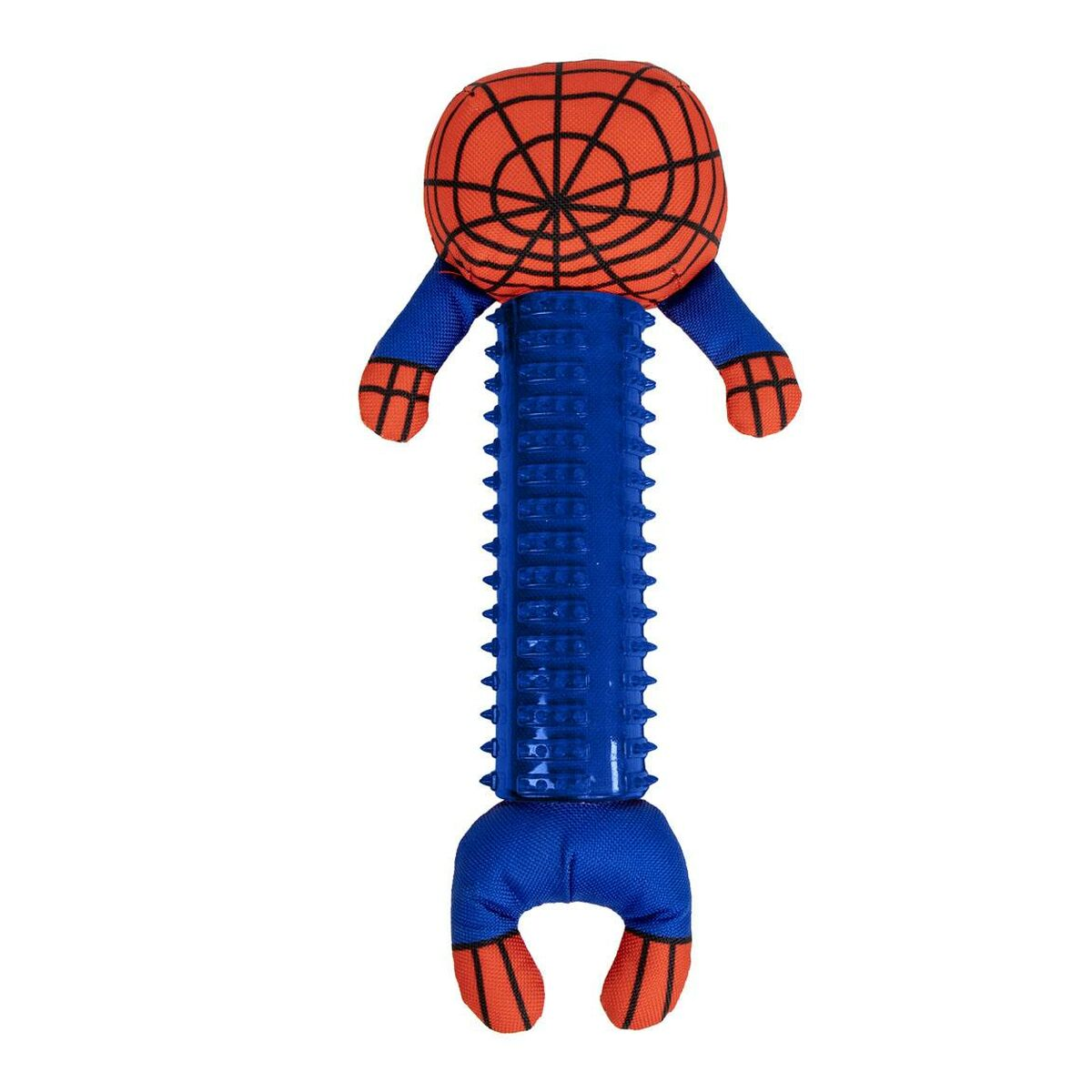 Un giocattolo di Spider-Man blu e rosso con un corpo blu spinoso.