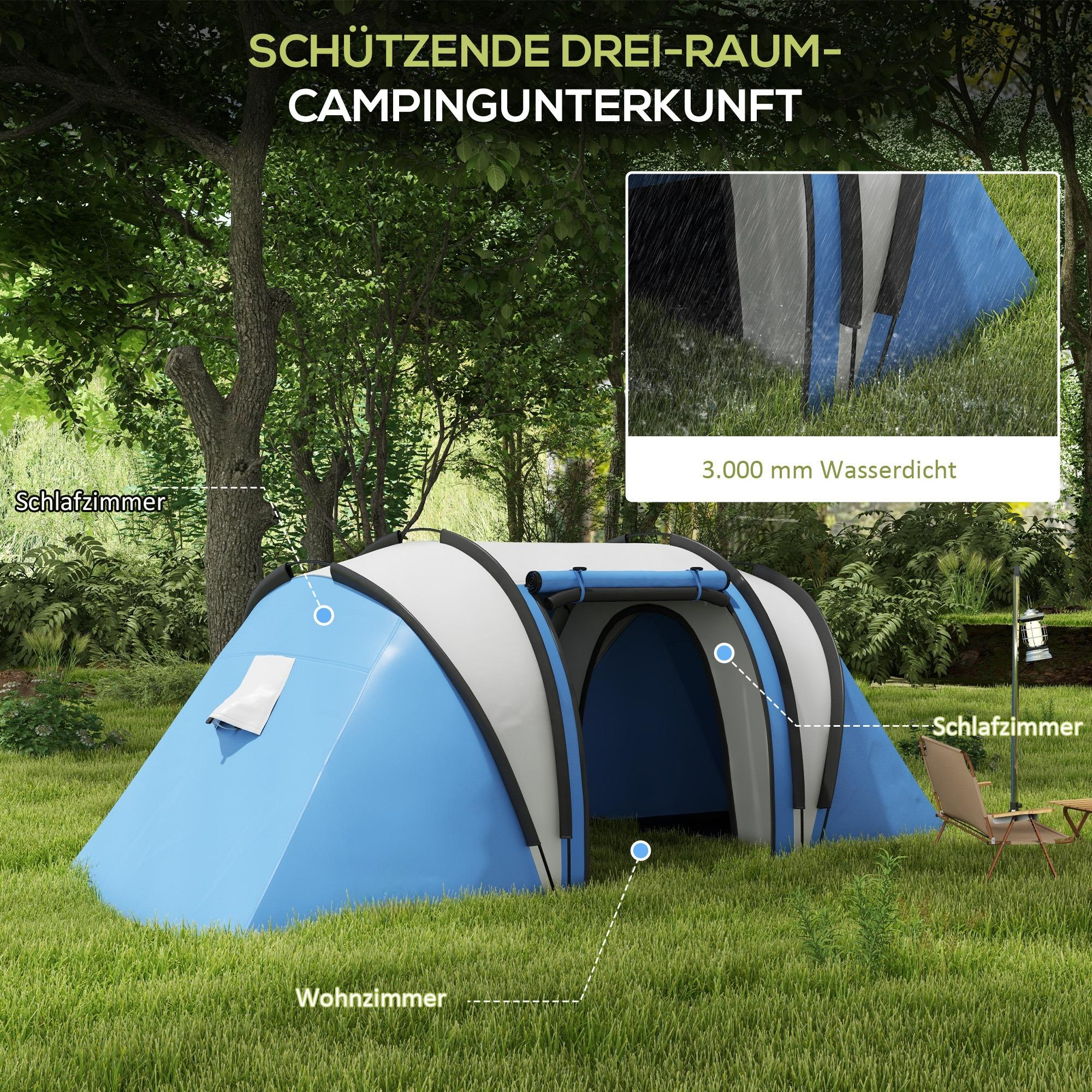 Blau-weißes Zelt in einer Grünfläche mit Bäumen aufgebaut. Zeigt Details des Zeltes.