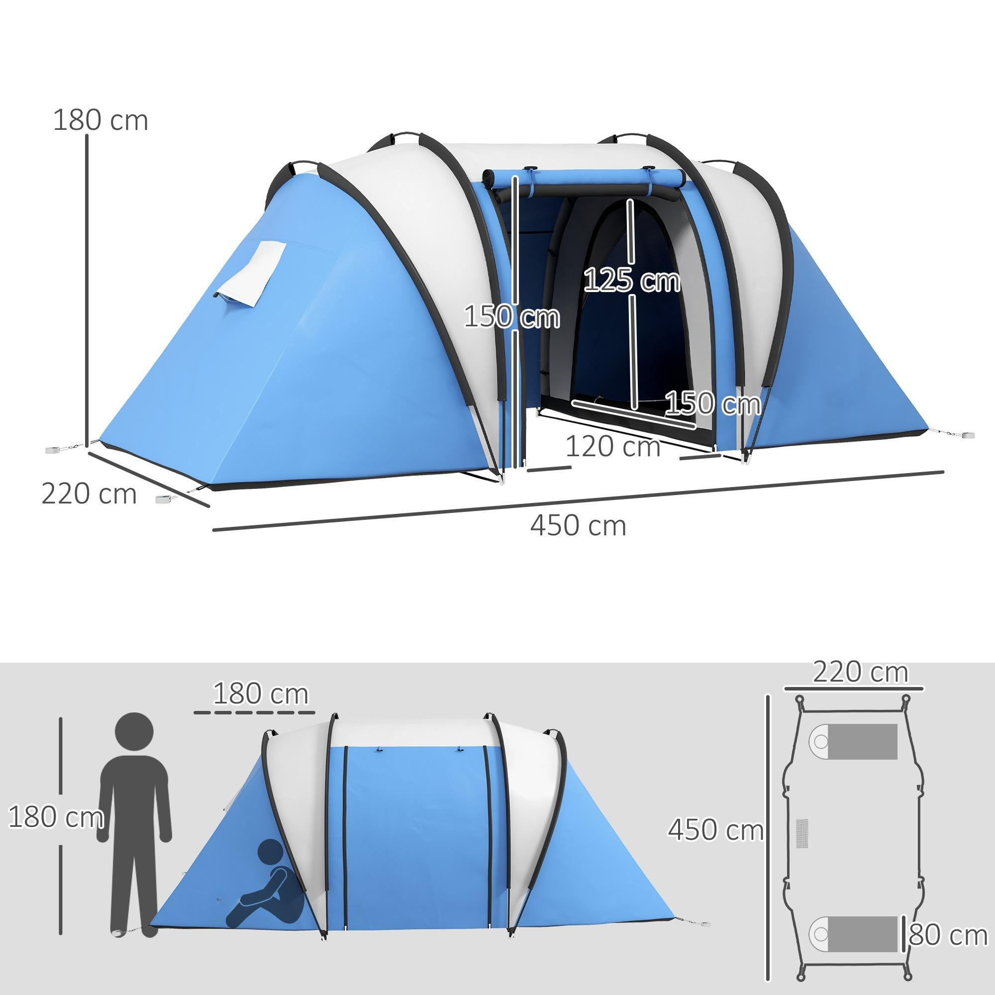 Blau-weißes Zelt mit beschrifteten Abmessungen. Zeigt Zeltlayout und Personensilhouette.