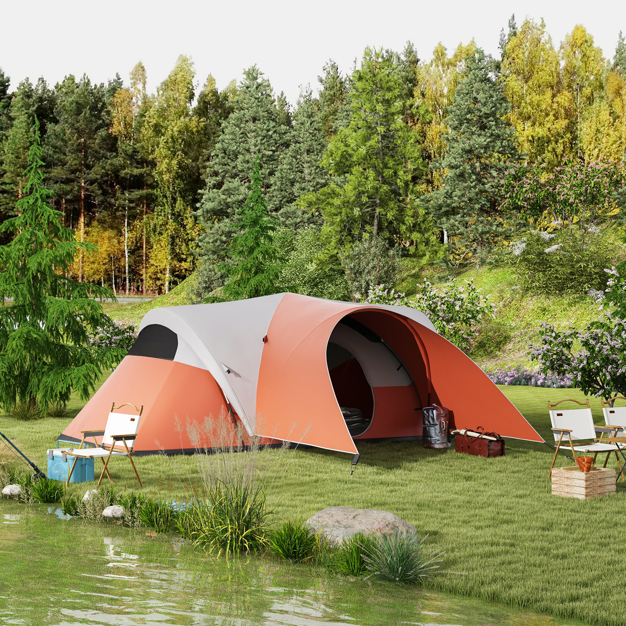 Ein orange-weißes Zelt am See, mit Stühlen und einem Tisch im Freien.