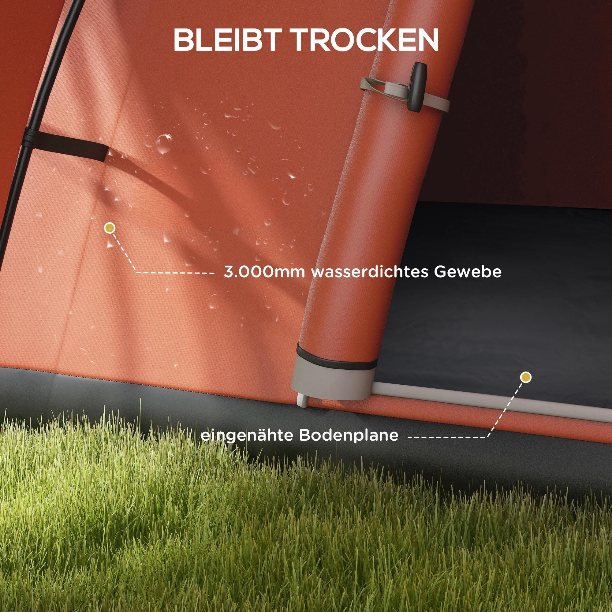 Orangenes Zelt mit Text, auf Gras, mit Regentropfen.