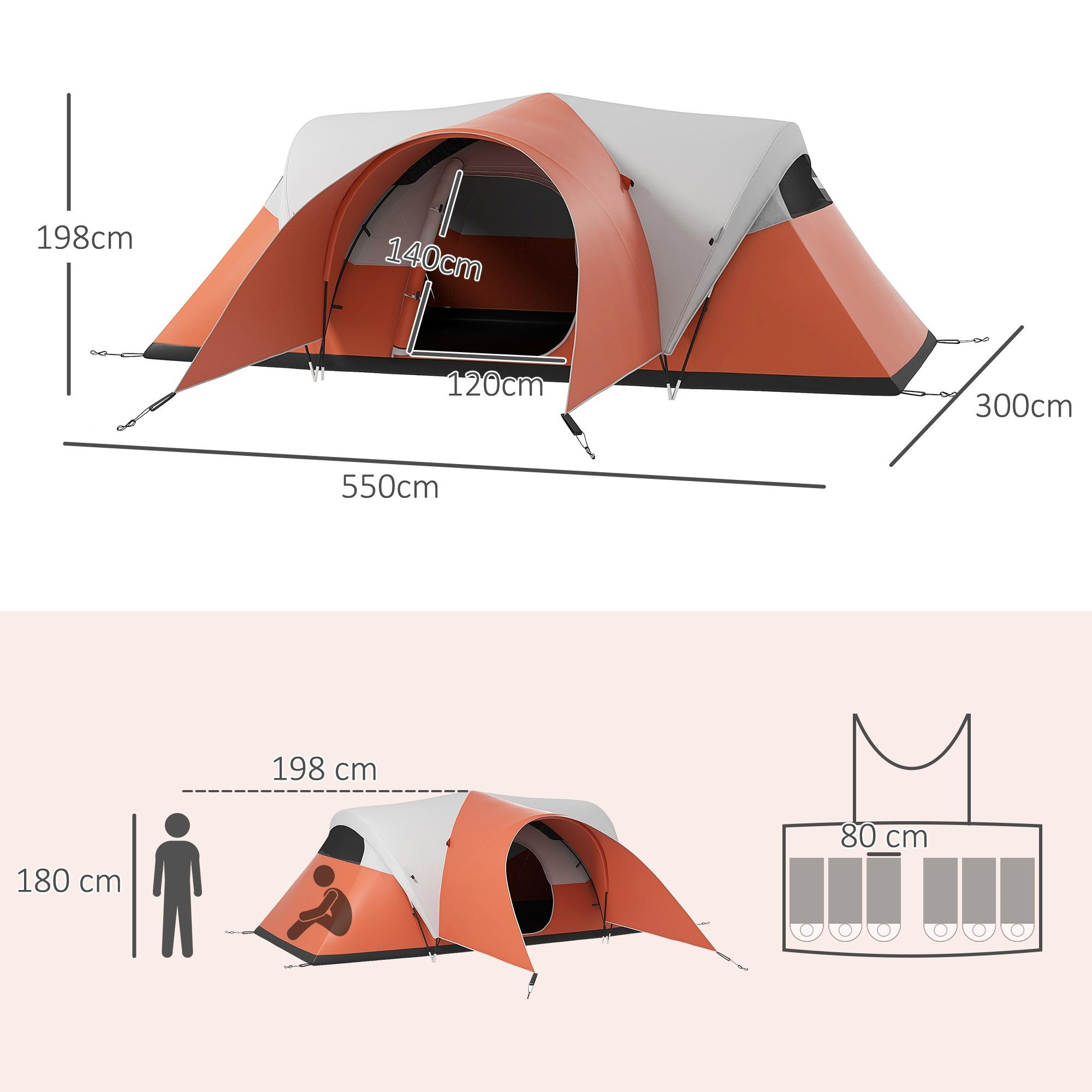 Abmessungen eines orange-weißen Zeltes, ein Personensymbol und ein Zeltdiagramm mit Maßen.