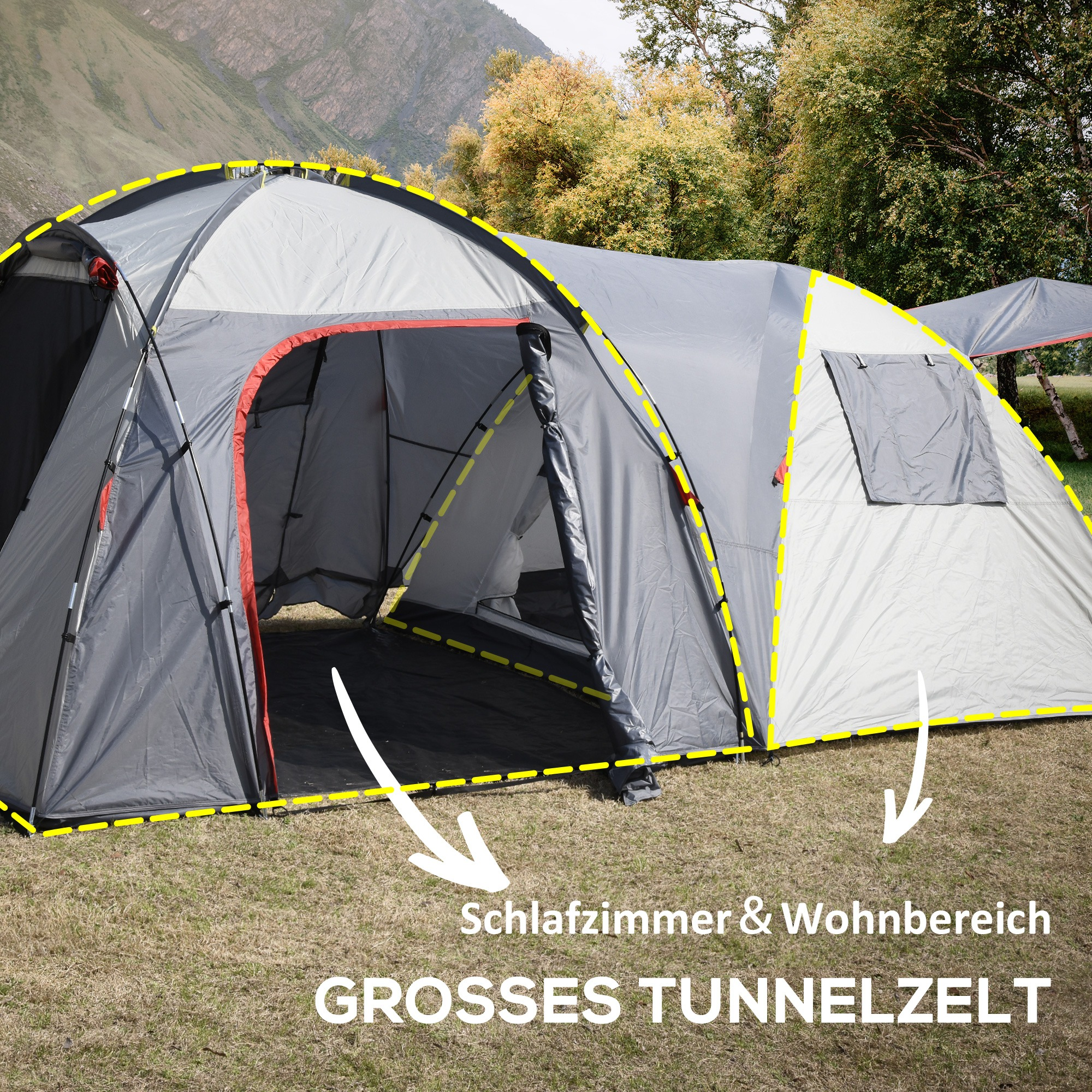 Großes graues Zelt mit roten Akzenten, beschriftet 'Schlaf- & Wohnbereich', im Freien aufgestellt.