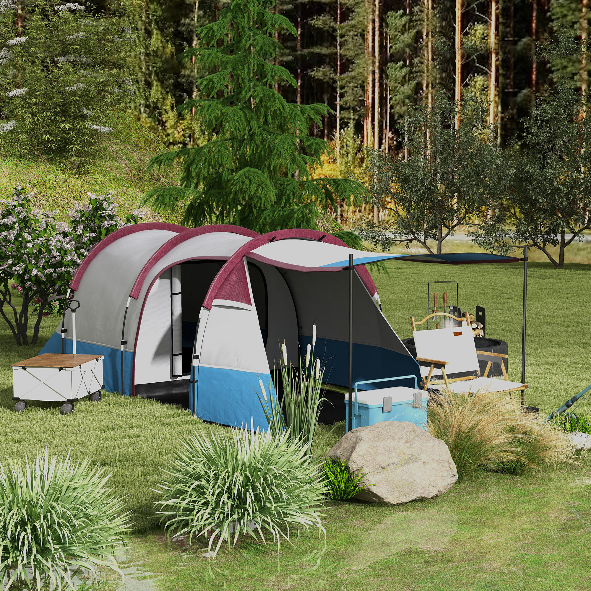 Zelt auf einer Wiese mit Campingausrüstung und Bäumen im Hintergrund aufgestellt.