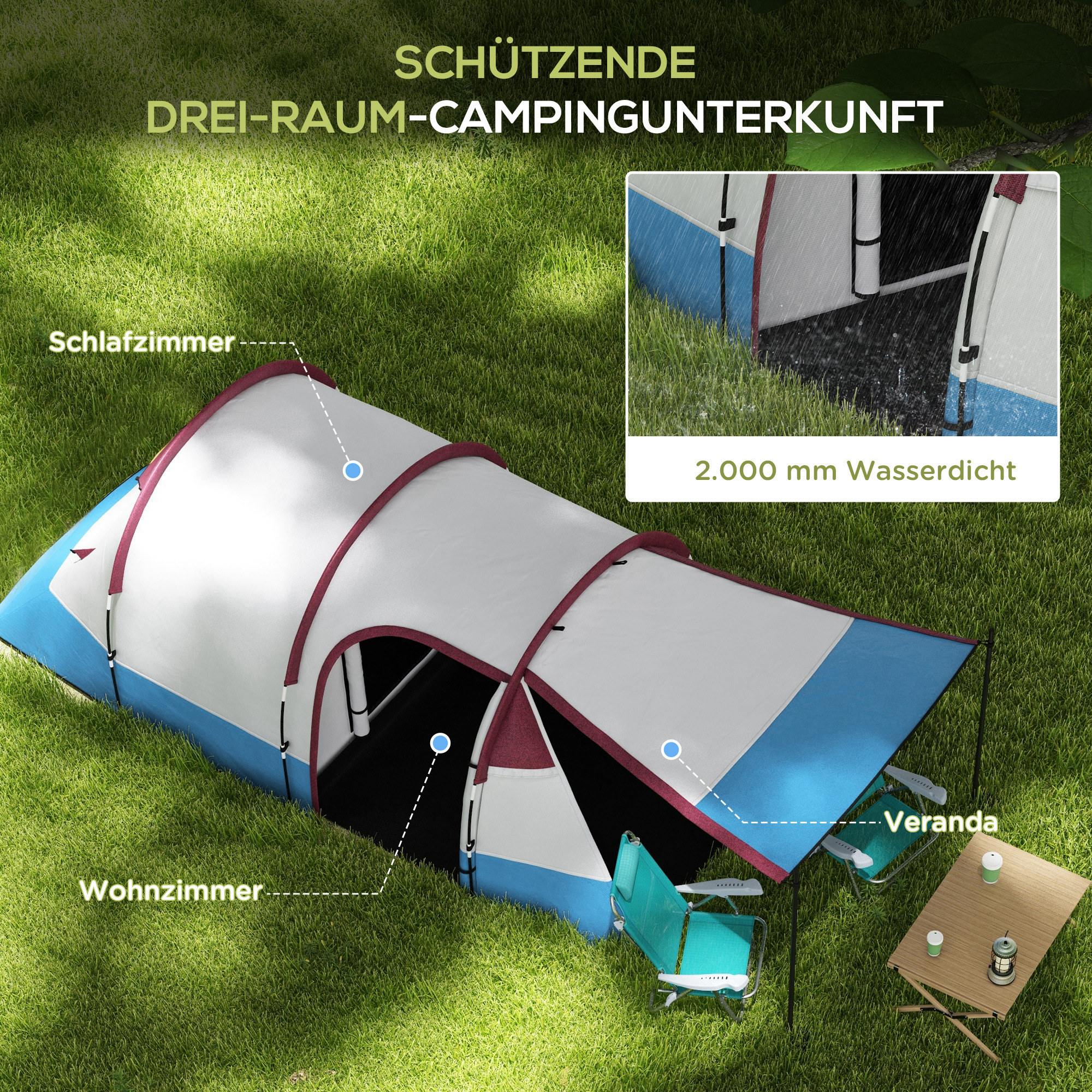 Campingzelt mit Etiketten, die Merkmale zeigen, auf Gras.
