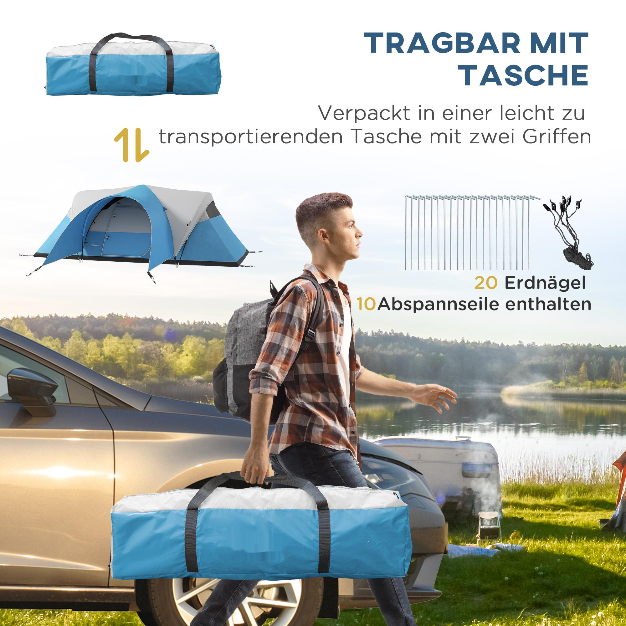 Ein Mann trägt ein Zelt in einer Tasche. Ein Auto steht in der Nähe, See und Bäume sind sichtbar.