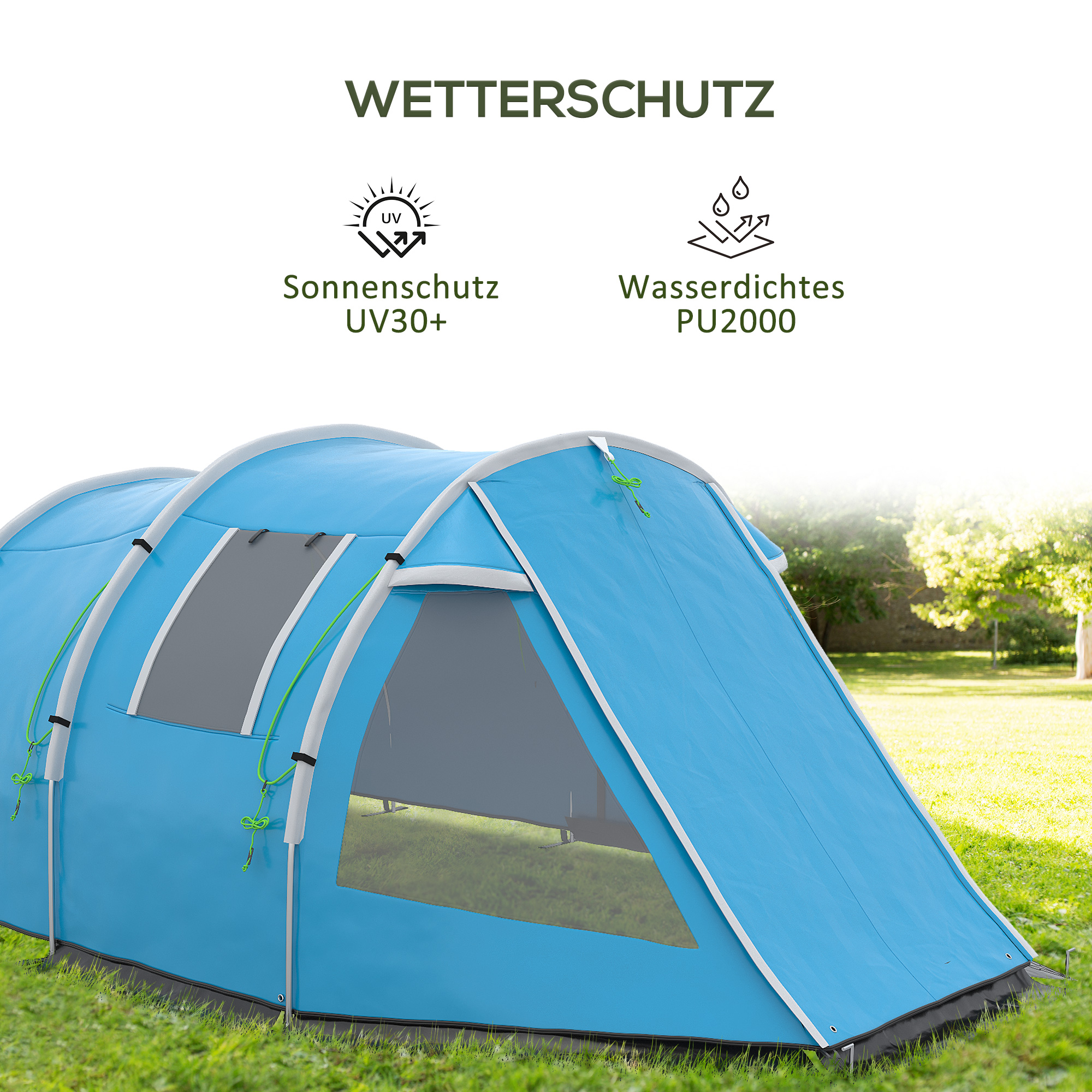 Ein blaues Zelt mit Wetterschutzsymbolen. Das Zelt steht auf Gras.