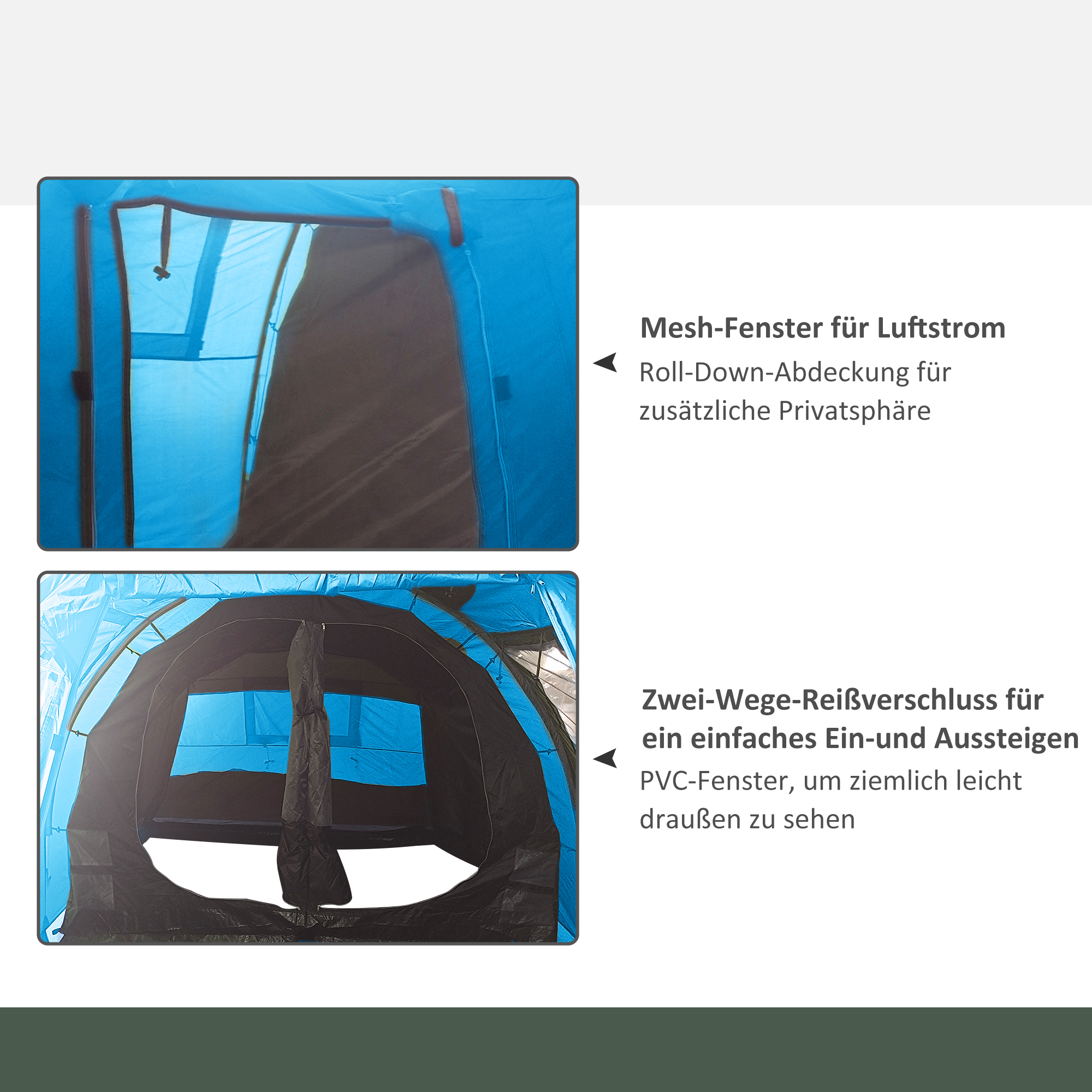 Nahaufnahme von Details eines blauen Zeltes, mit Textbeschreibungen.