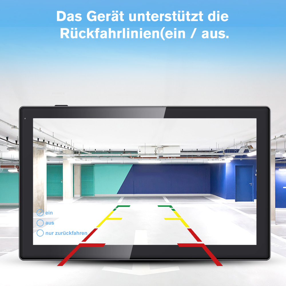 Bildschirm zeigt Parkplatzansicht mit Führungslinien und Bedienoptionen.