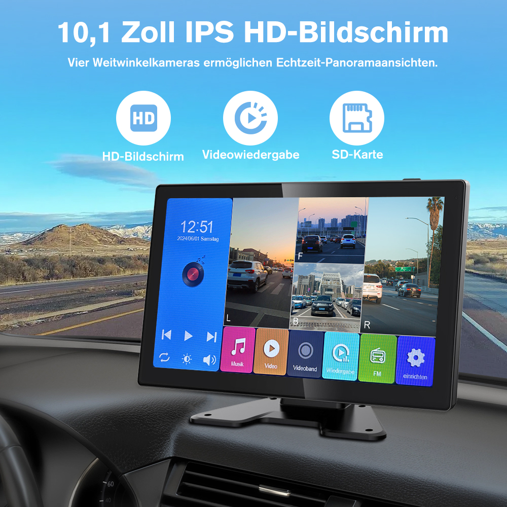 Auto-Dashboard-Bildschirm mit Straßenansicht, Funktionssymbolen und blauem Himmel.