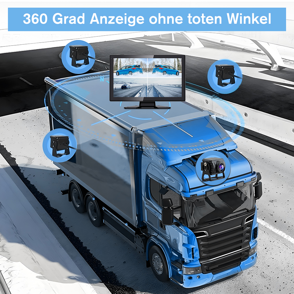 LKW mit Kameras, die einen Bildschirm mit 360-Grad-Ansicht zeigen.