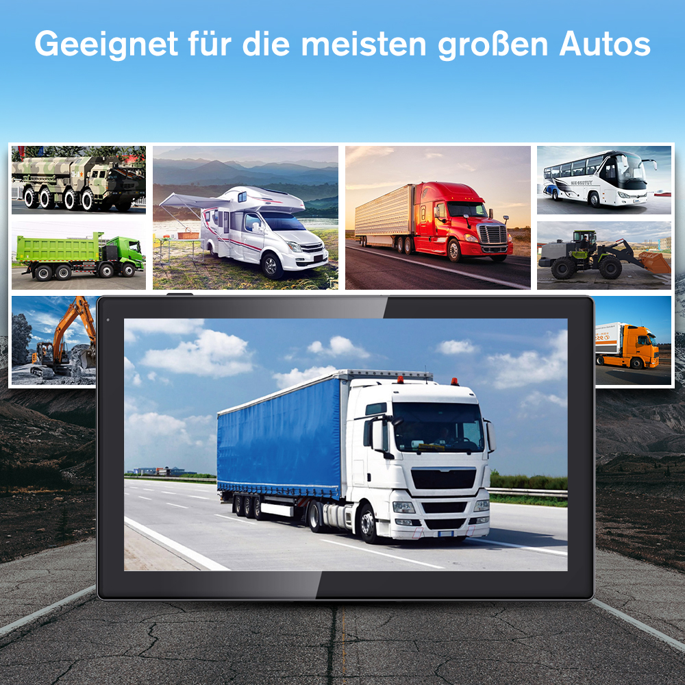 Bildschirm zeigt verschiedene große Fahrzeuge, geeignet für die meisten Autos.