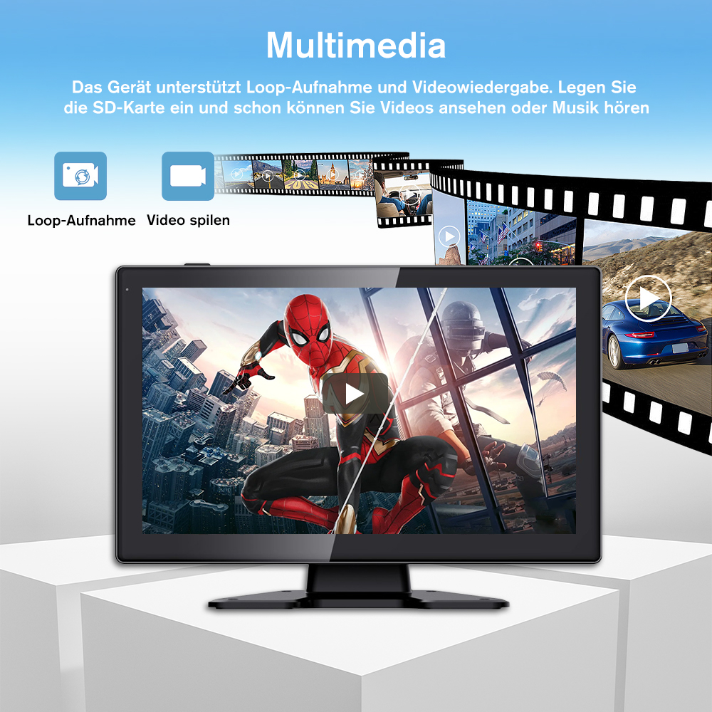 Bildschirm zeigt Film mit Spiderman und Icons für Loop, Video und SD-Karte.