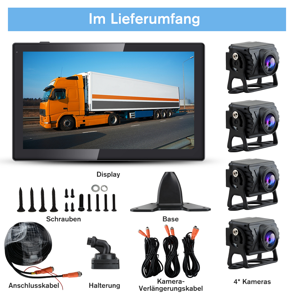Zubehör für einen Bildschirm: Schrauben, Basis, Kabel und Kameras.