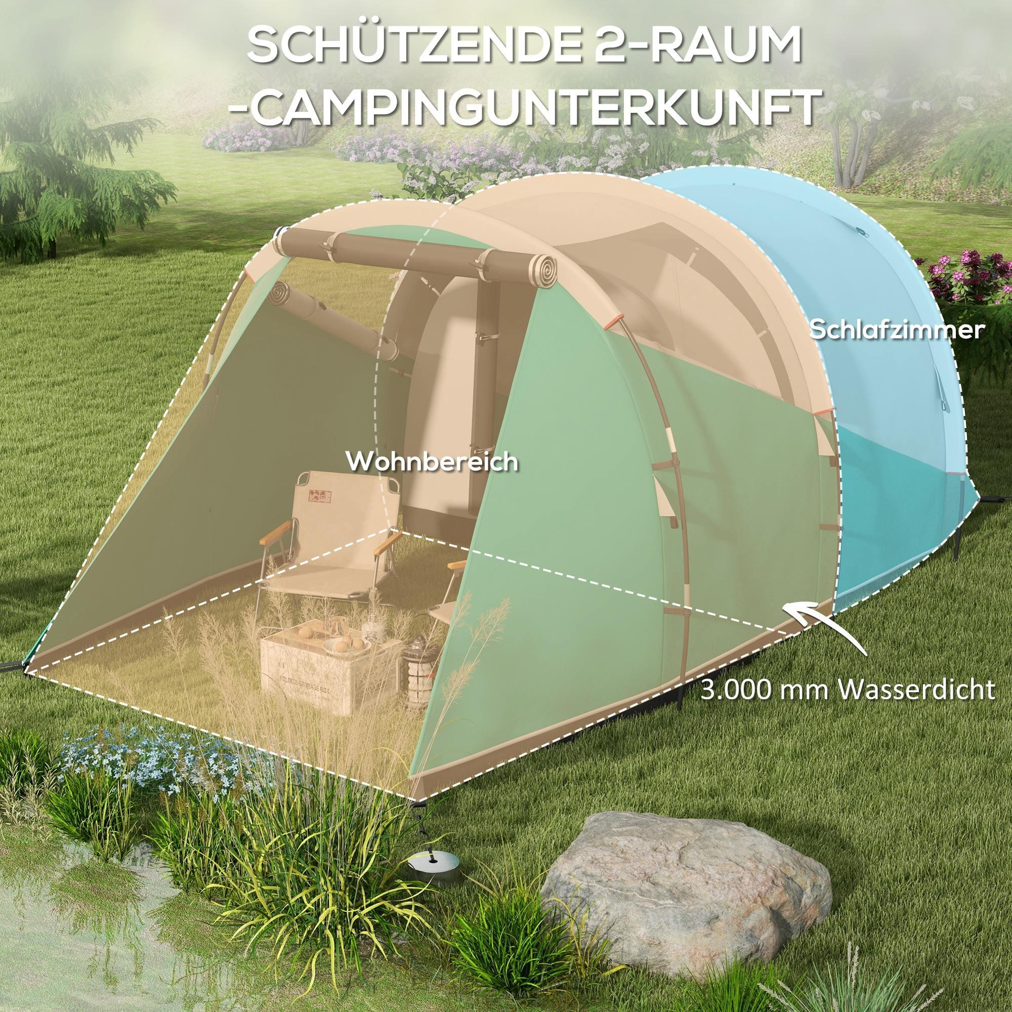 Ein Zelt auf Gras, mit Räumen beschriftet. Ein Stuhl und Zubehör sind darin. Text: wasserfest.