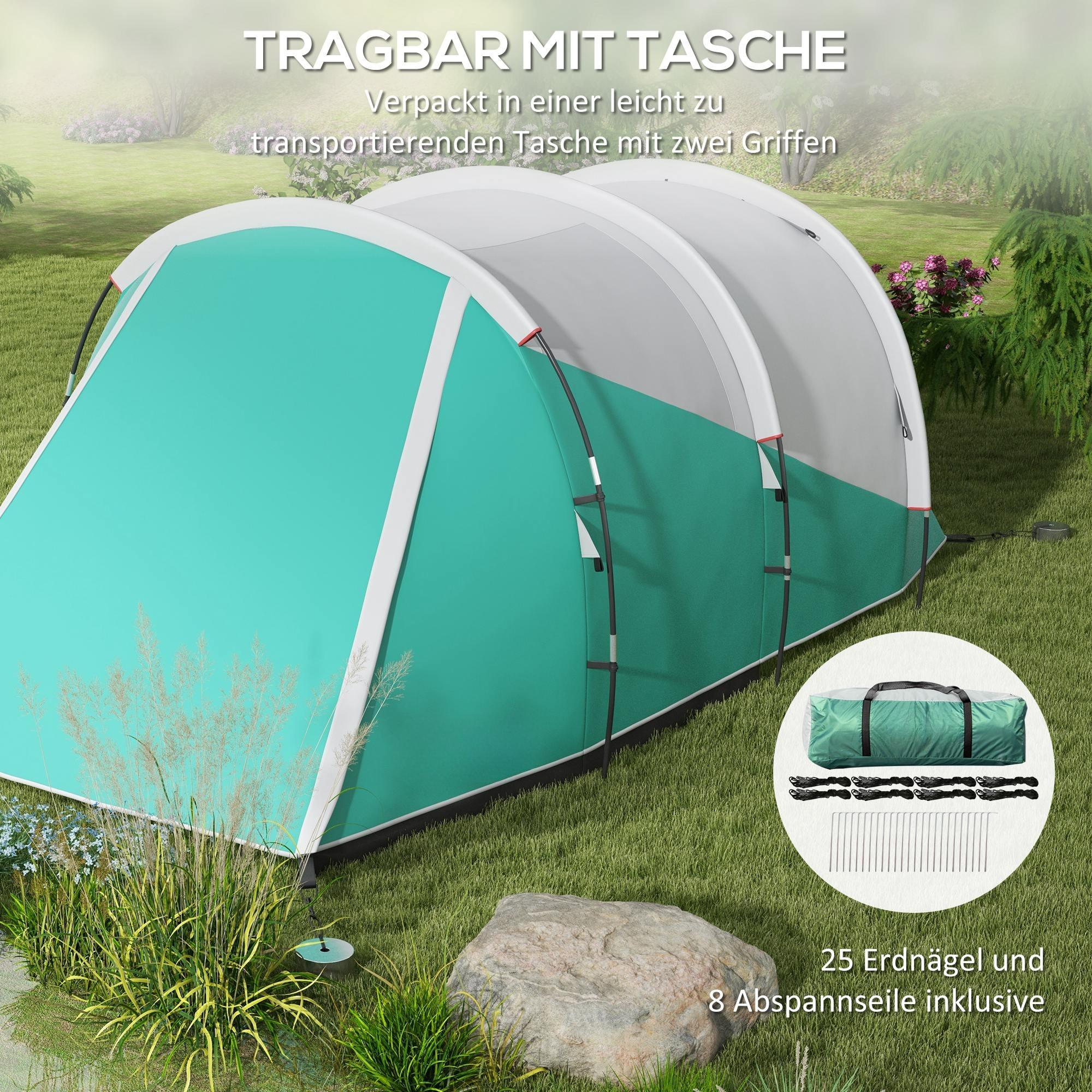 Ein Zelt mit blaugrünen und weißen Paneelen, eine Tragetasche und Heringe. Text: tragbar mit Tasche.