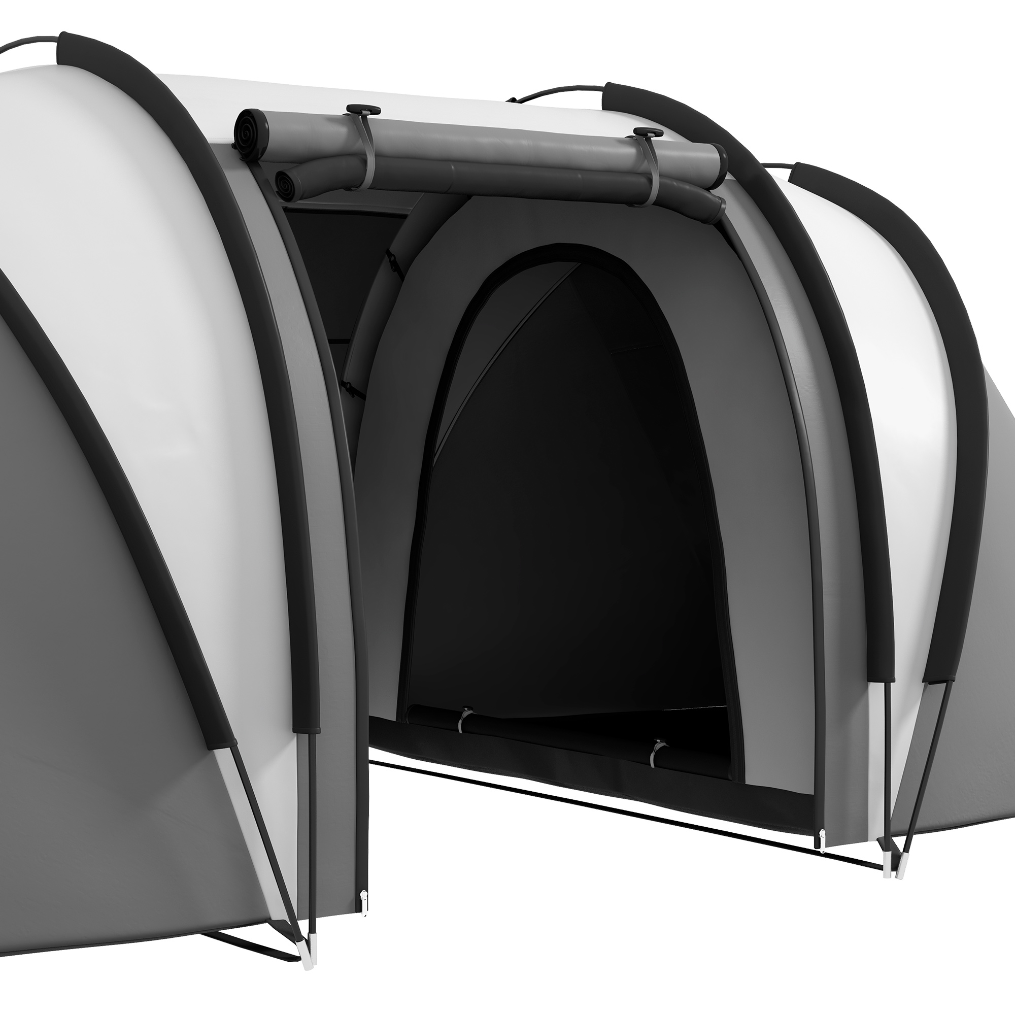 Primer plano de una carpa gris y blanca. La sección frontal está abierta. Presenta un techo negro.