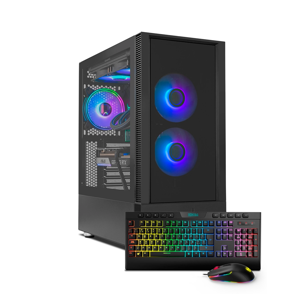 PC para juegos con luces y teclado y ratón con colores arcoíris.