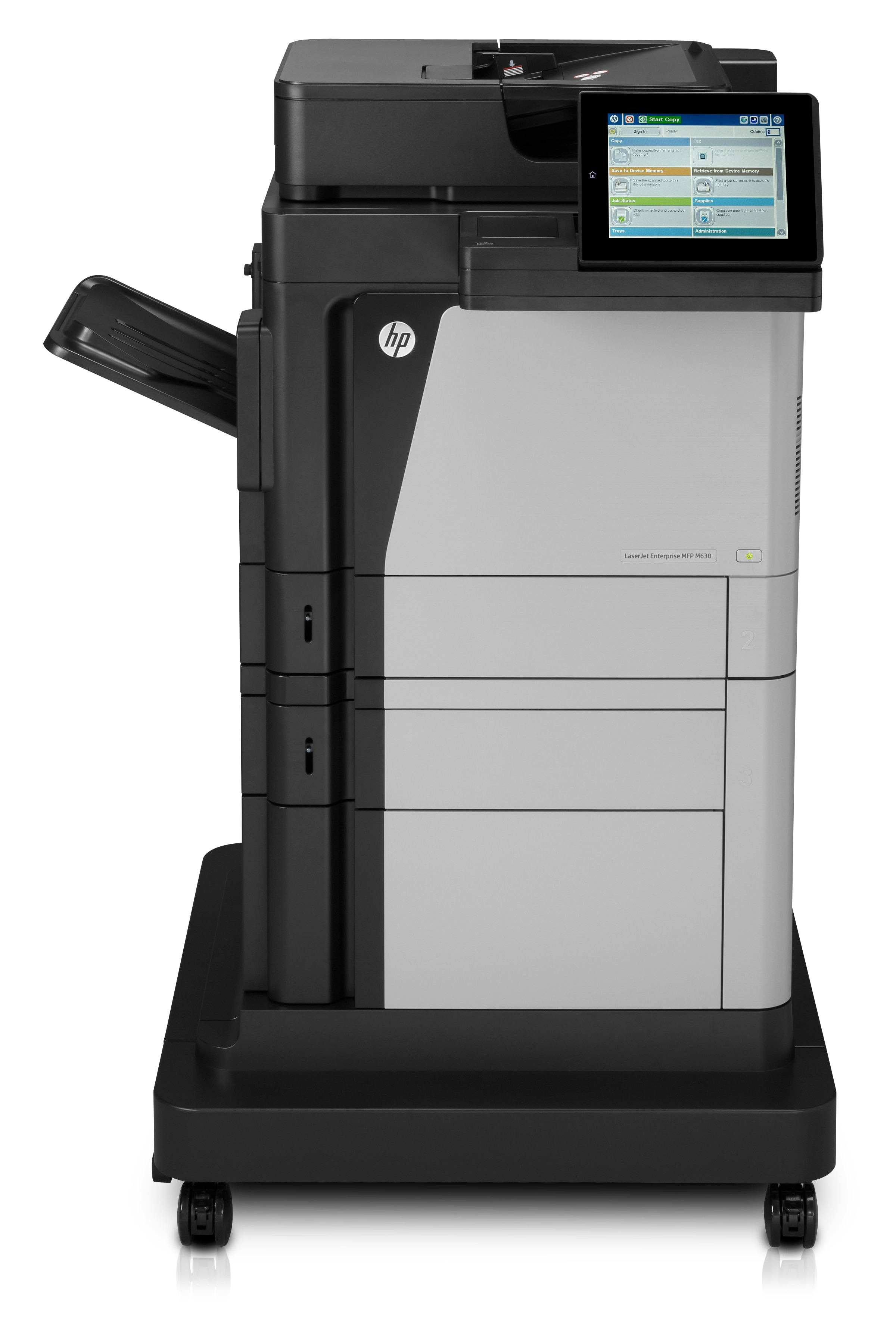 Grande stampante HP su ruote, con touchscreen.