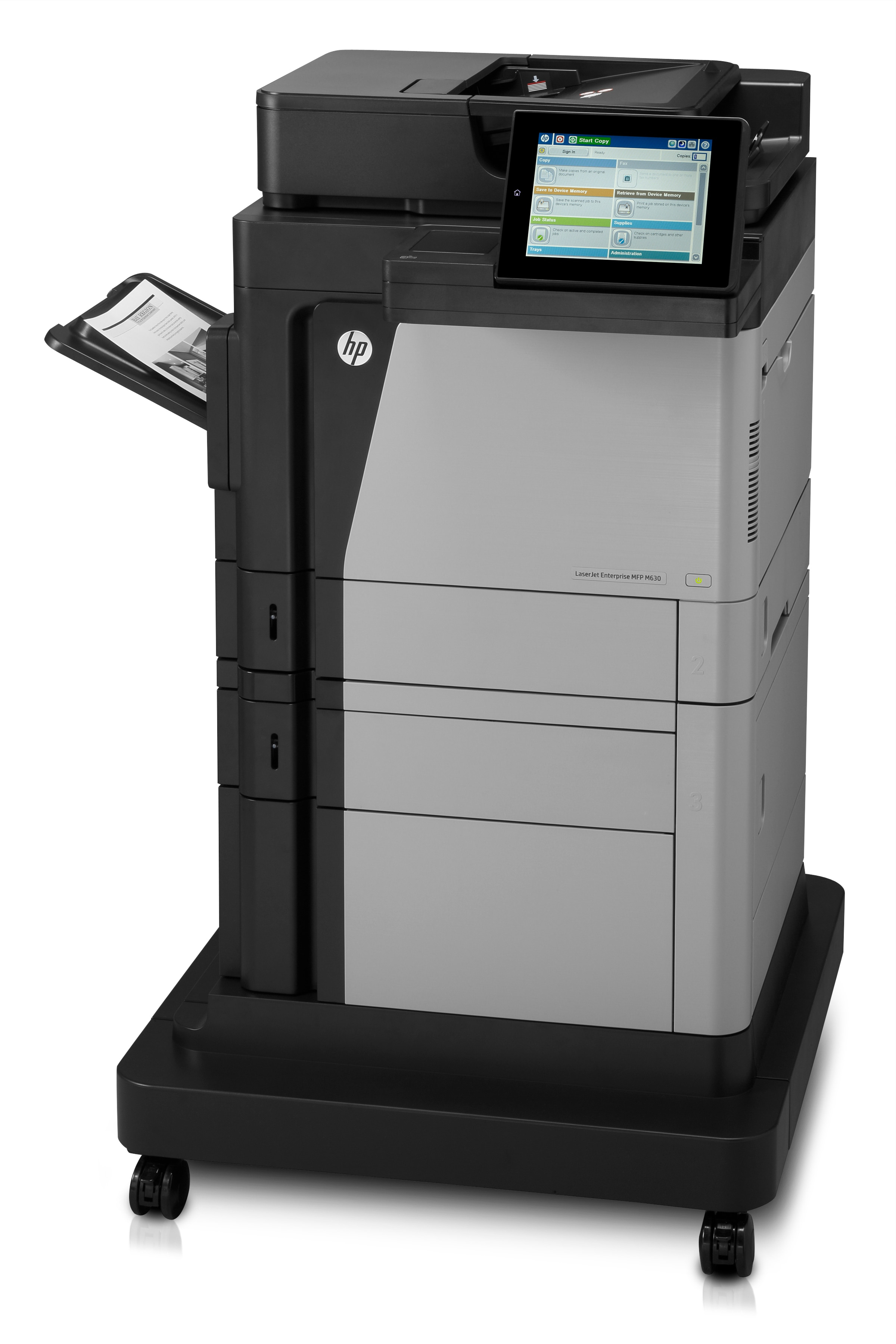Stampante HP con touchscreen e vassoio aperto, su un supporto nero con ruote.
