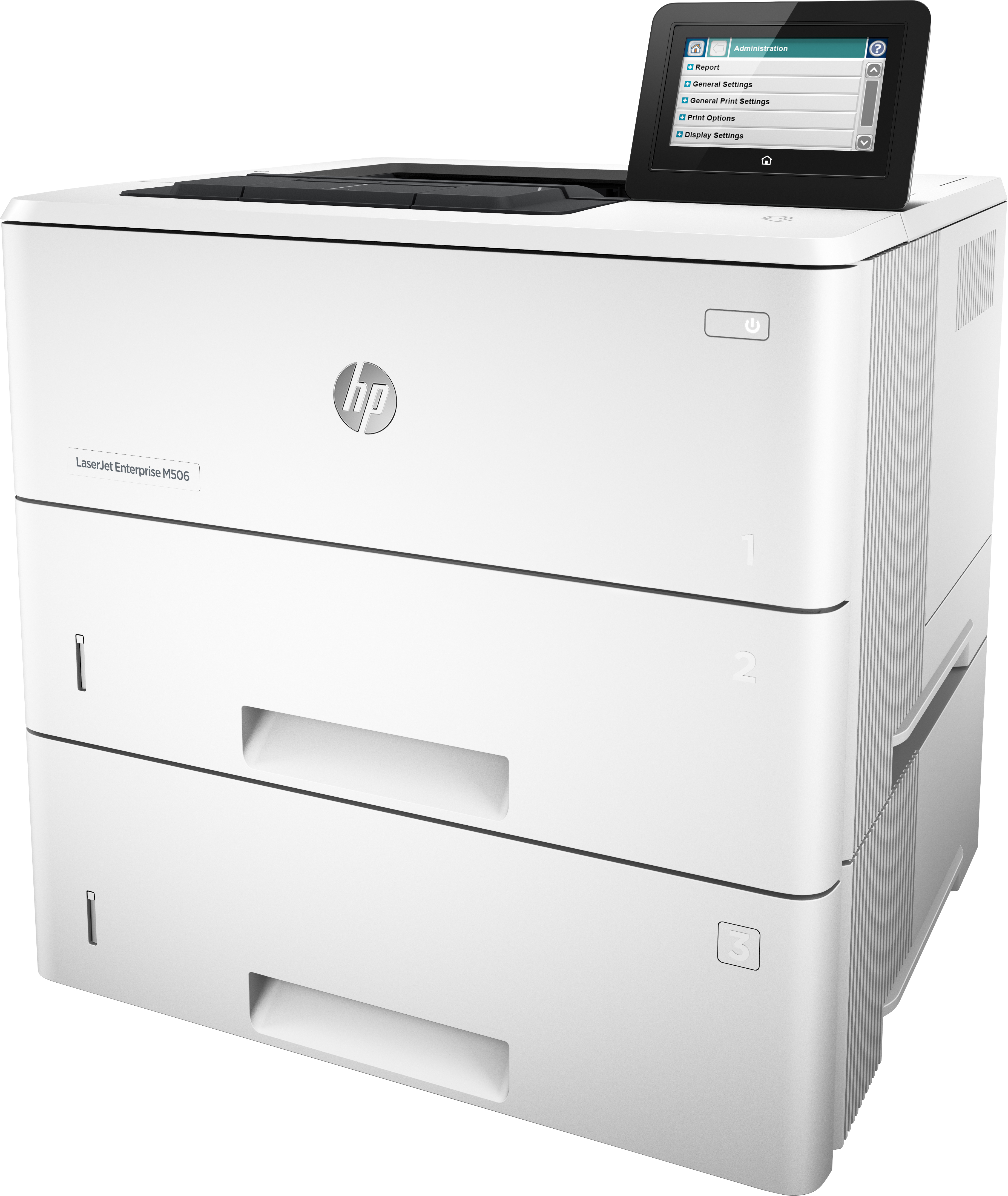 Stampante HP bianca con display e vassoi carta.