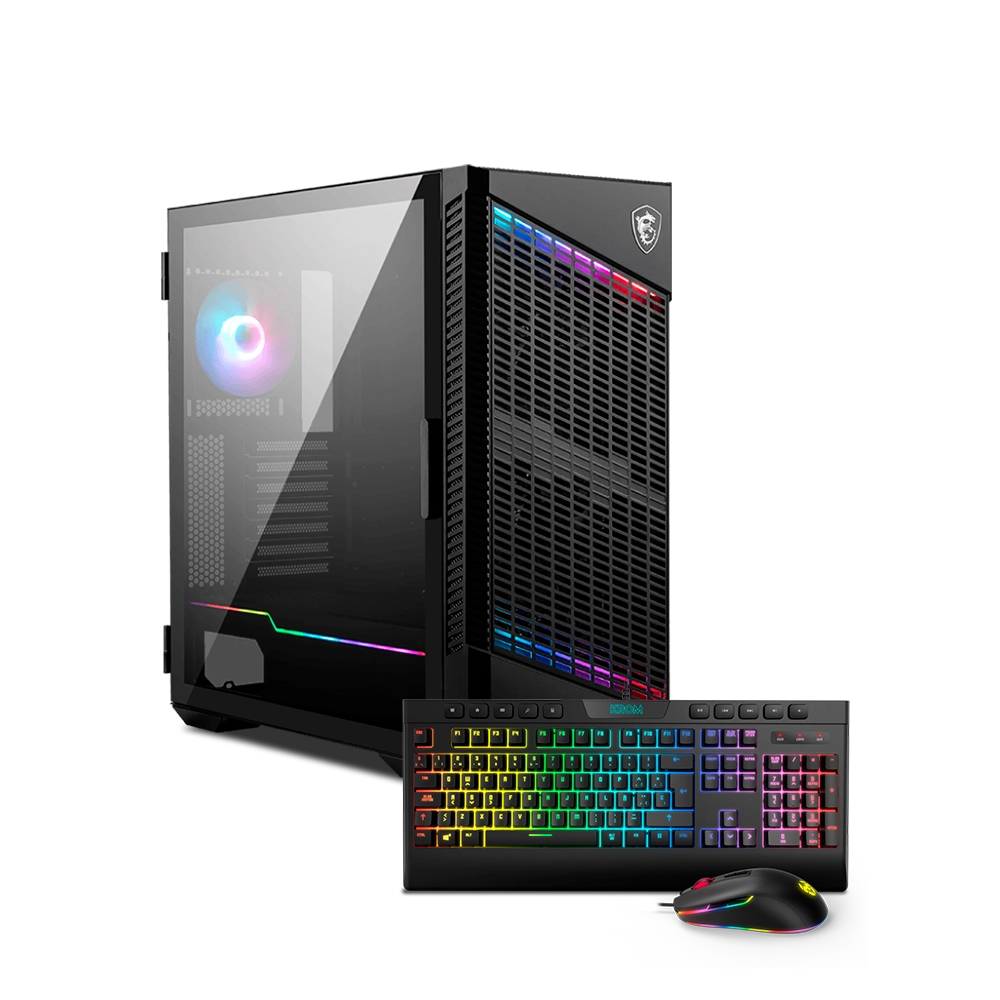 PC para juegos con luces y teclado y ratón con colores arcoíris.