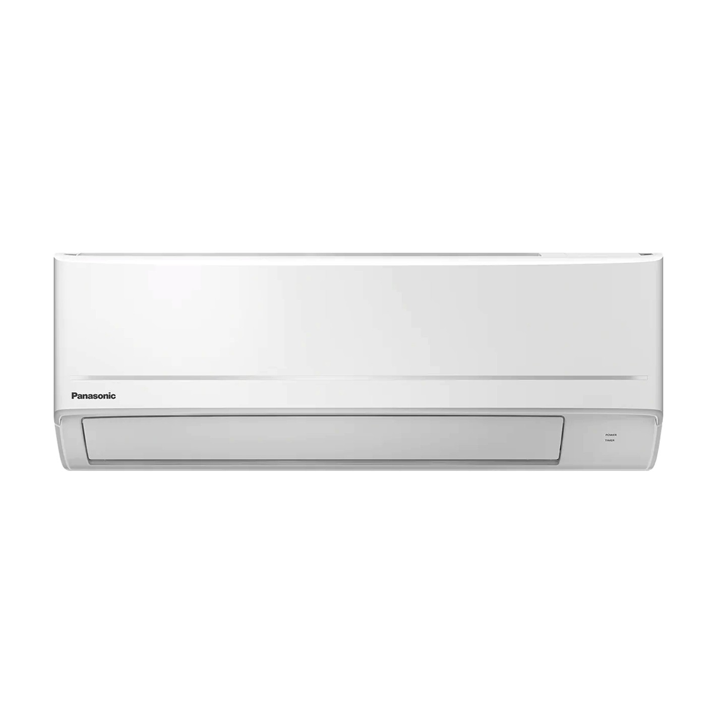 Un aire acondicionado Panasonic blanco sobre fondo blanco. Diseño rectangular sencillo.