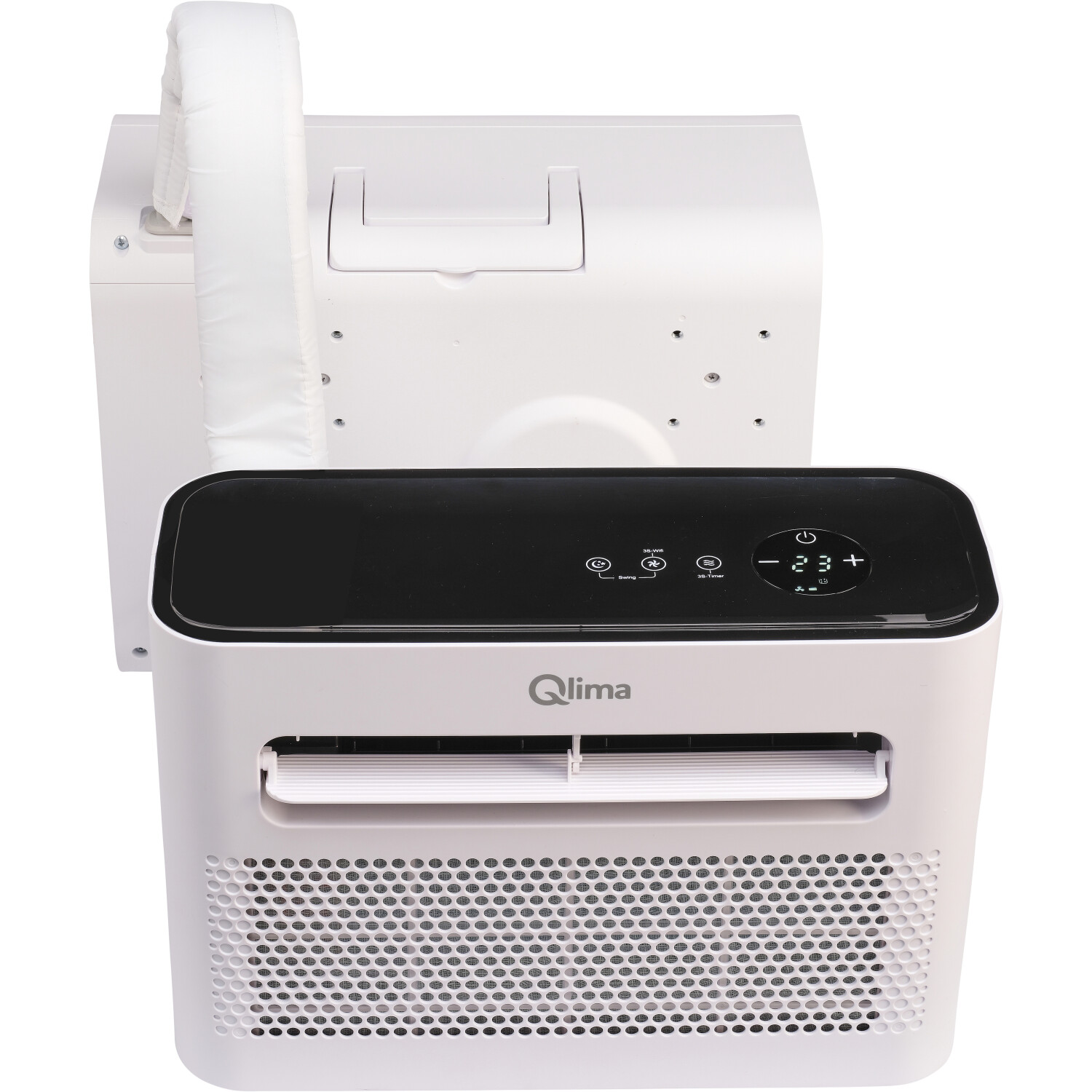 Condizionatore Qlima bianco con parte superiore nera e tubo bianco collegato sul retro.