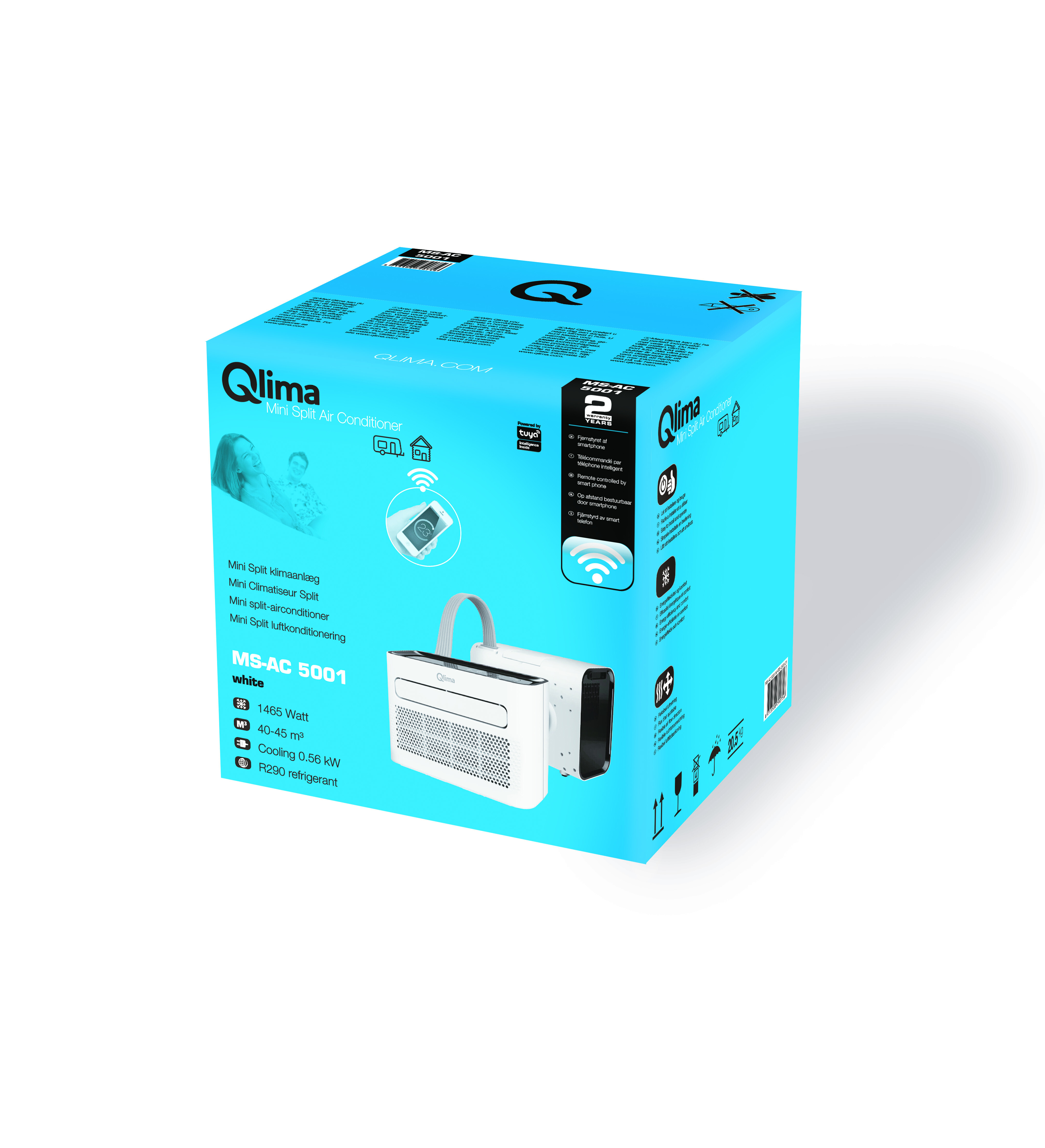 Karton von Qlima Mini Split Klimaanlage MS-AC 5001. Weiße Einheit an der Seite.