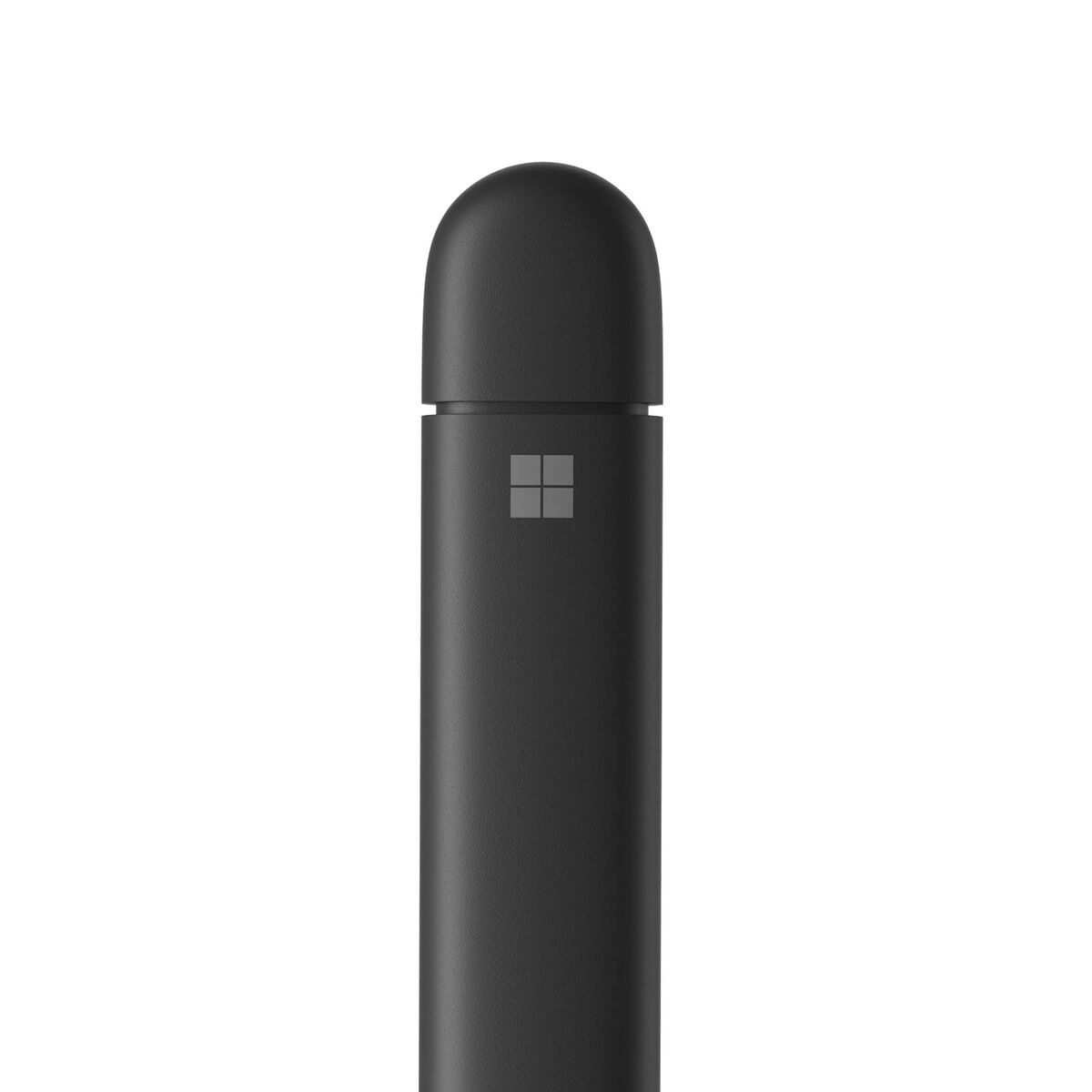 Górna część czarnego rysika na białym tle. Srebrne logo Microsoft, zaokrąglona góra.
