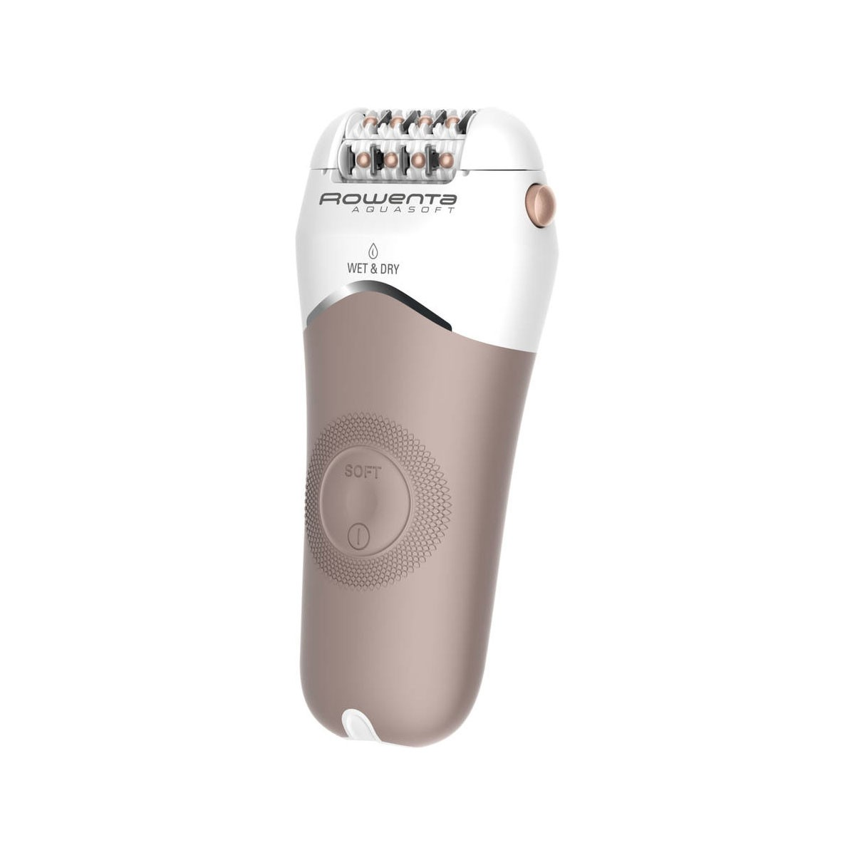 Roze en witte epilator. Rowenta Aqua Soft tekst. Soft knop. Witte achtergrond.