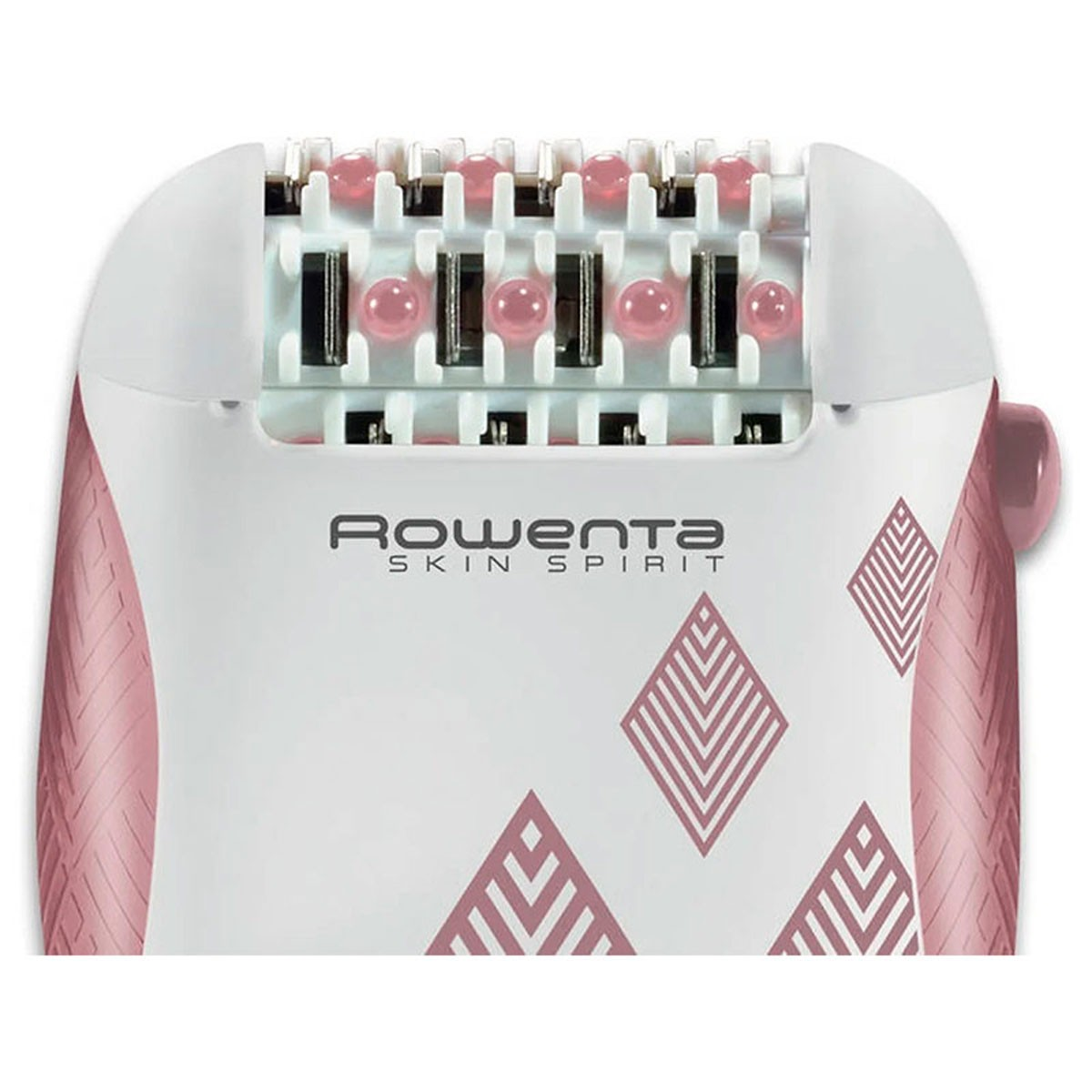 Primo piano di un epilatore bianco e rosa con il marchio Rowenta Skin Spirit.