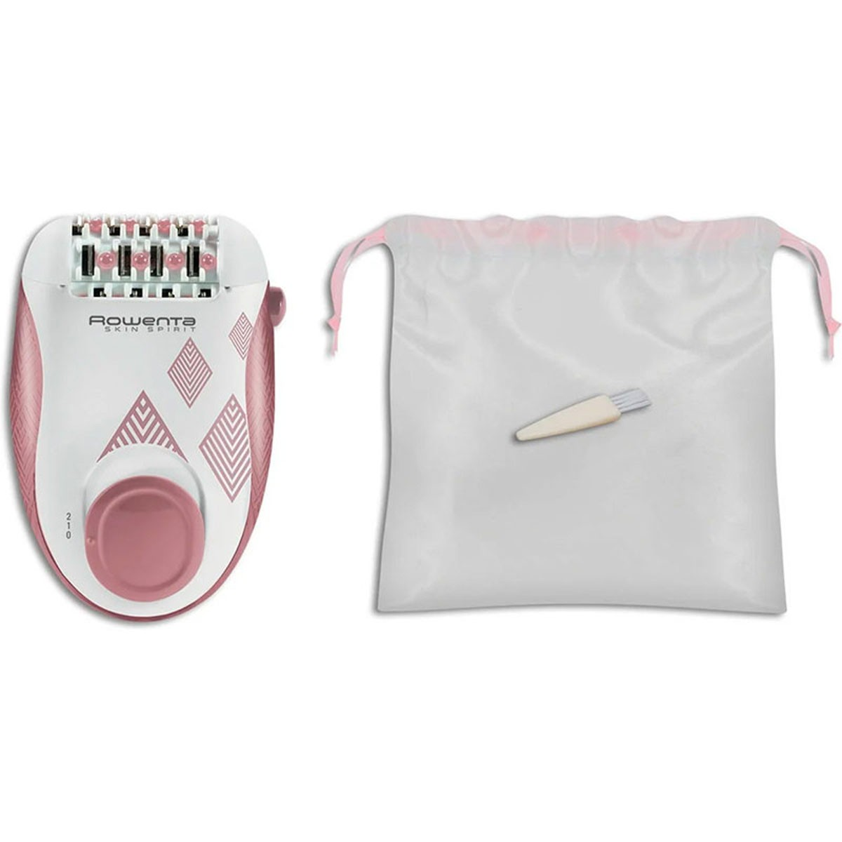 Epilatore rosa e bianco con sacchetto e spazzola. Rowenta Skin Spirit.